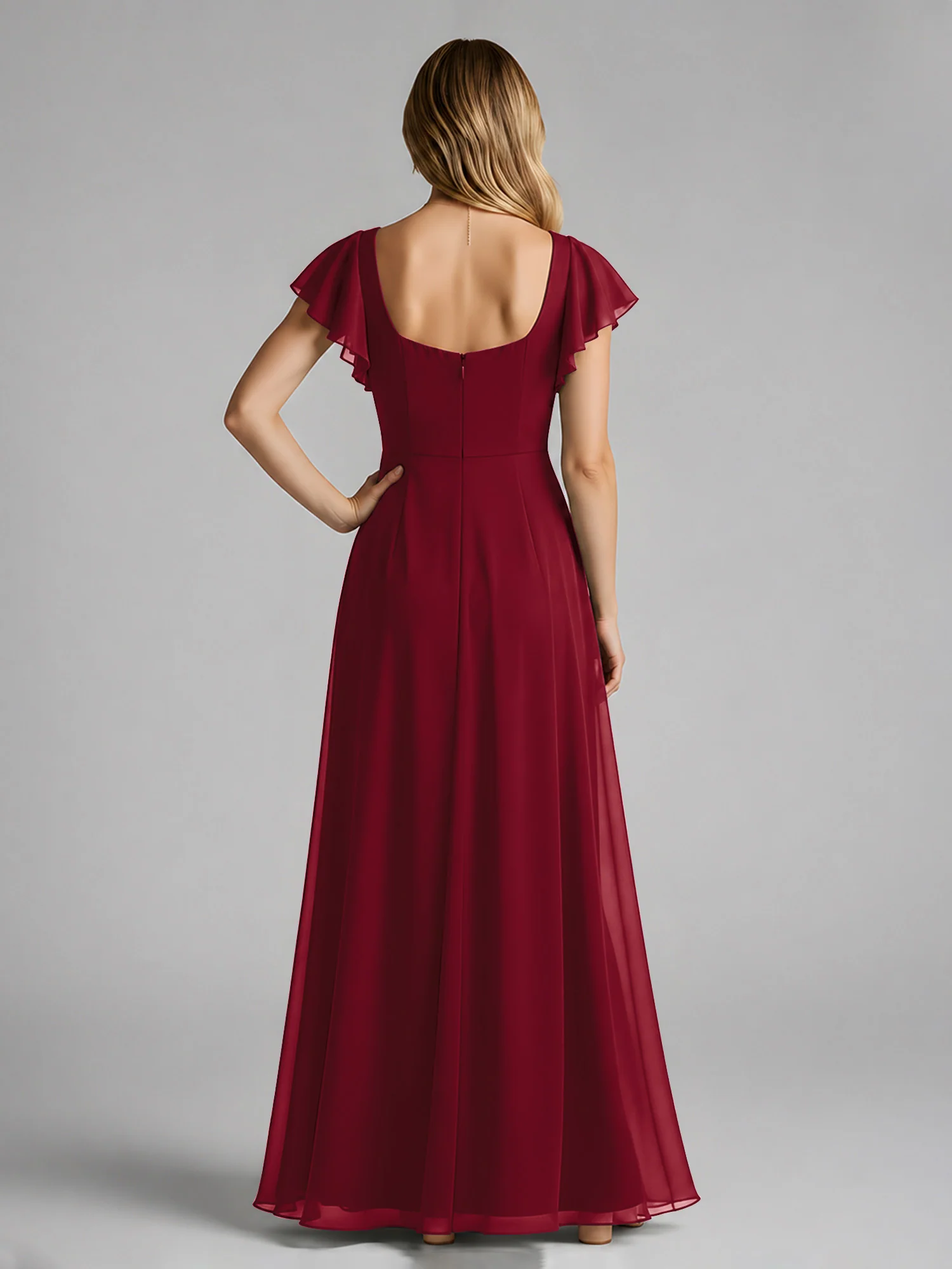 Chiffon Square Neck Flutter Sleeves Dresses With Slit Burgundy - Image 2