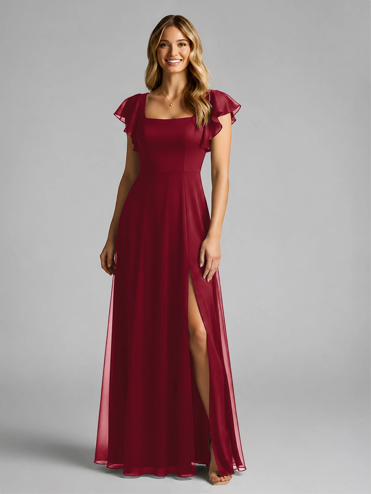 Chiffon Square Neck Flutter Sleeves Dresses With Slit Burgundy - Image 3