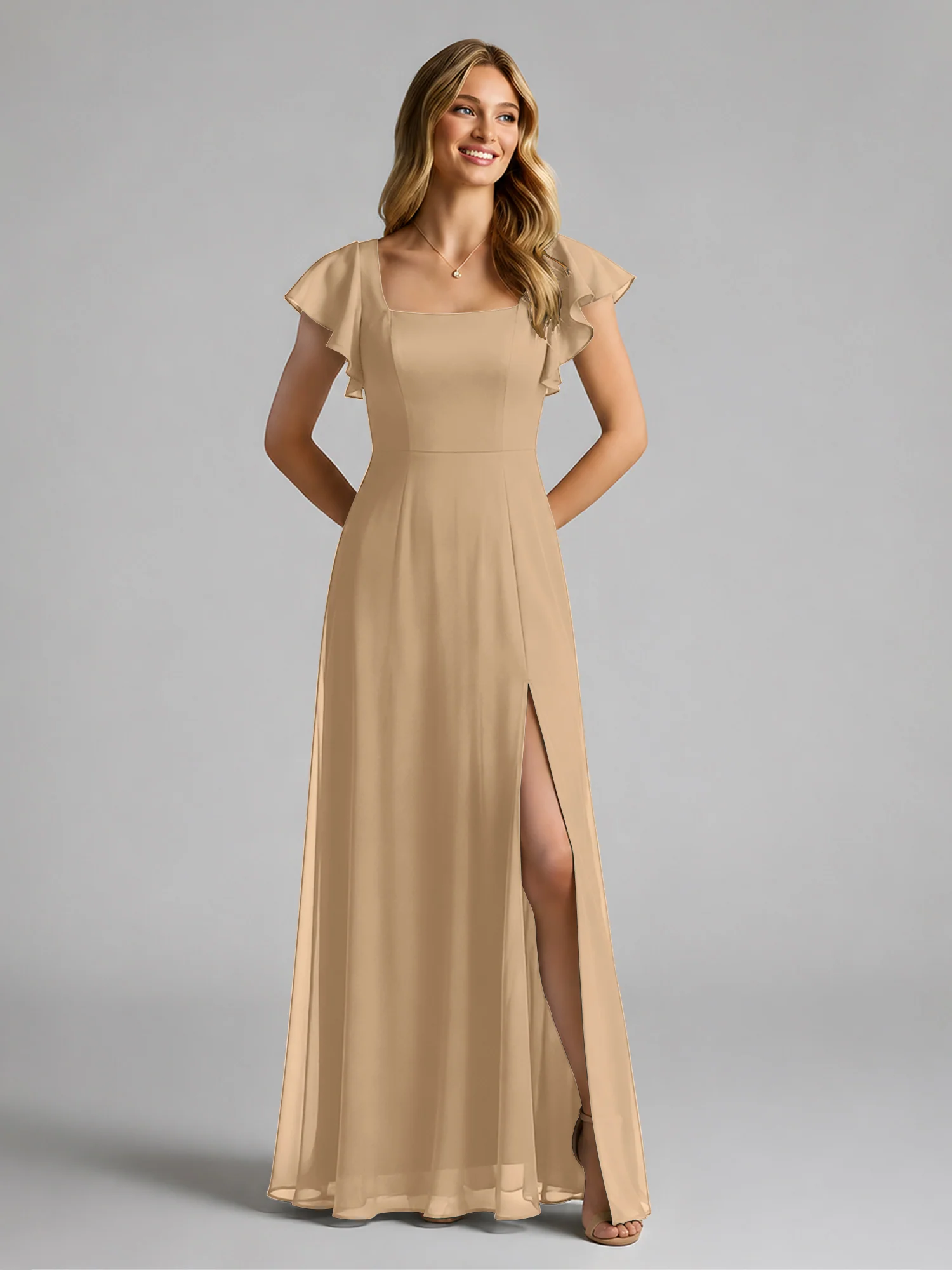 Chiffon Square Neck Flutter Sleeves Dresses With Slit Champagne
