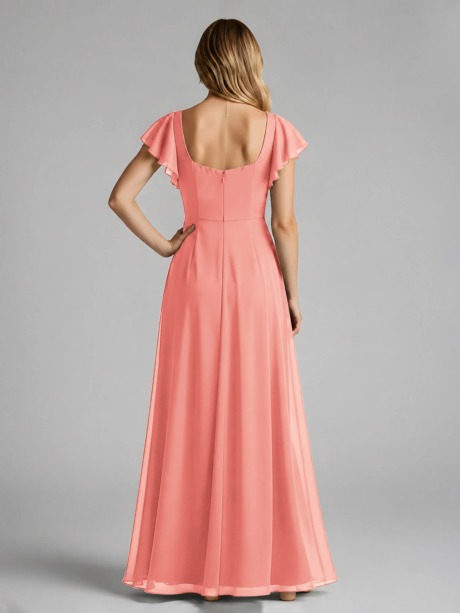 Chiffon Square Neck Flutter Sleeves Dresses With Slit Coral - Image 2
