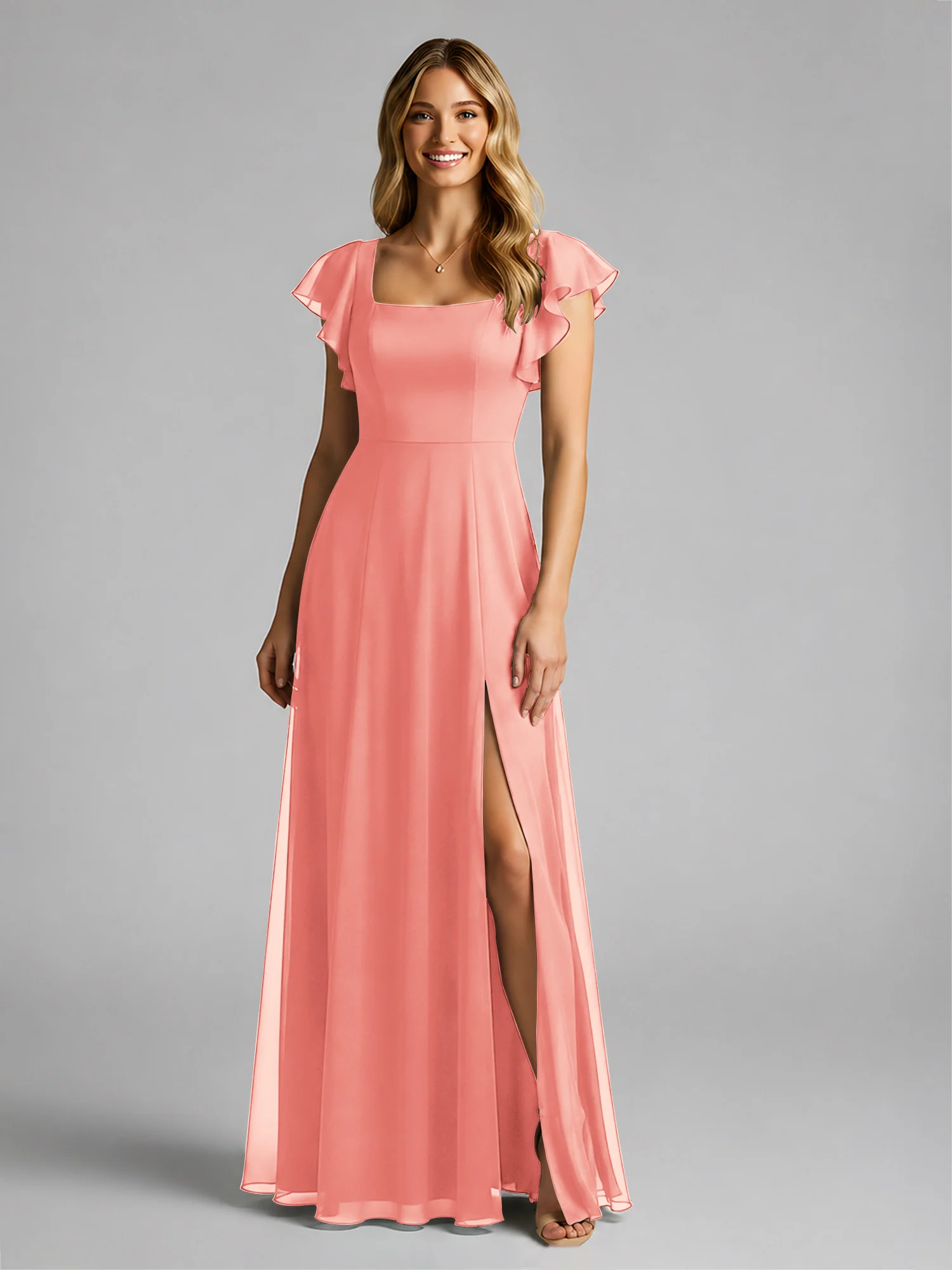 Chiffon Square Neck Flutter Sleeves Dresses With Slit Coral - Image 3