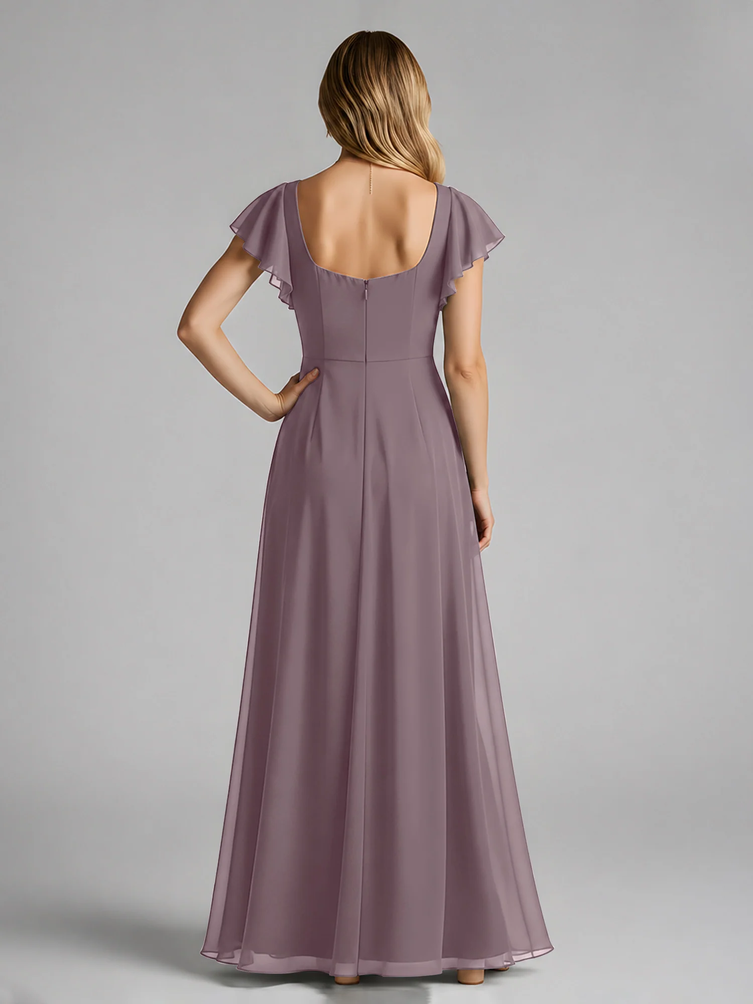 Chiffon Square Neck Flutter Sleeves Dresses With Slit Dusk - Image 2