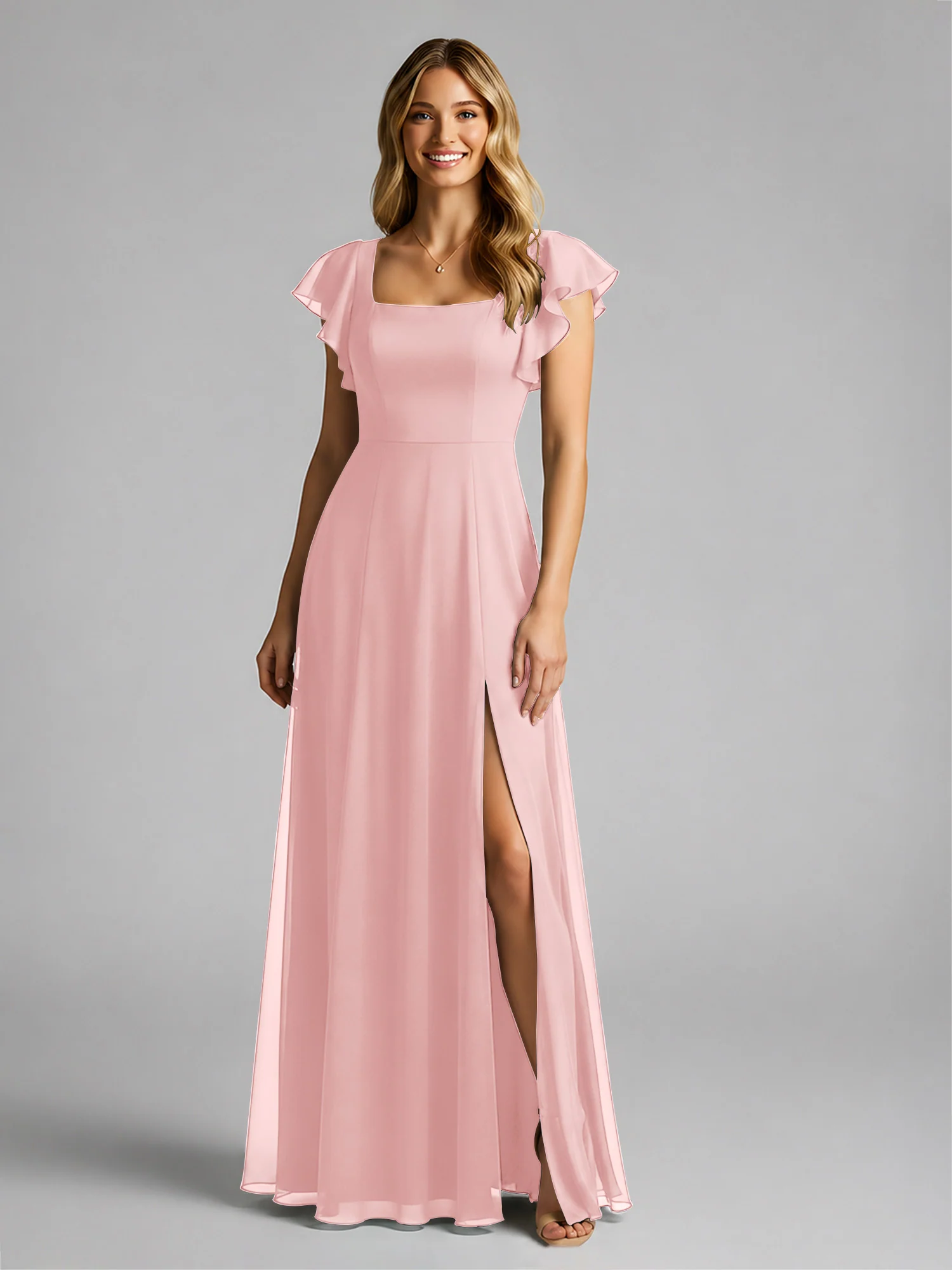 Chiffon Square Neck Flutter Sleeves Dresses With Slit Dusty Rose - Image 3