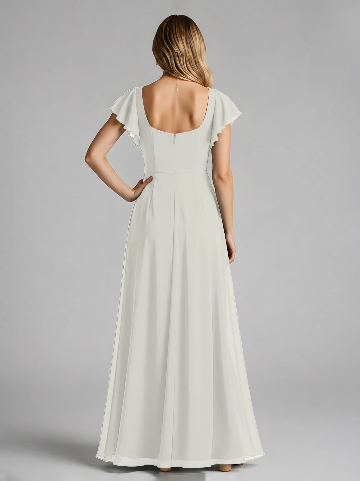 Chiffon Square Neck Flutter Sleeves Dresses With Slit Ivory - Image 2