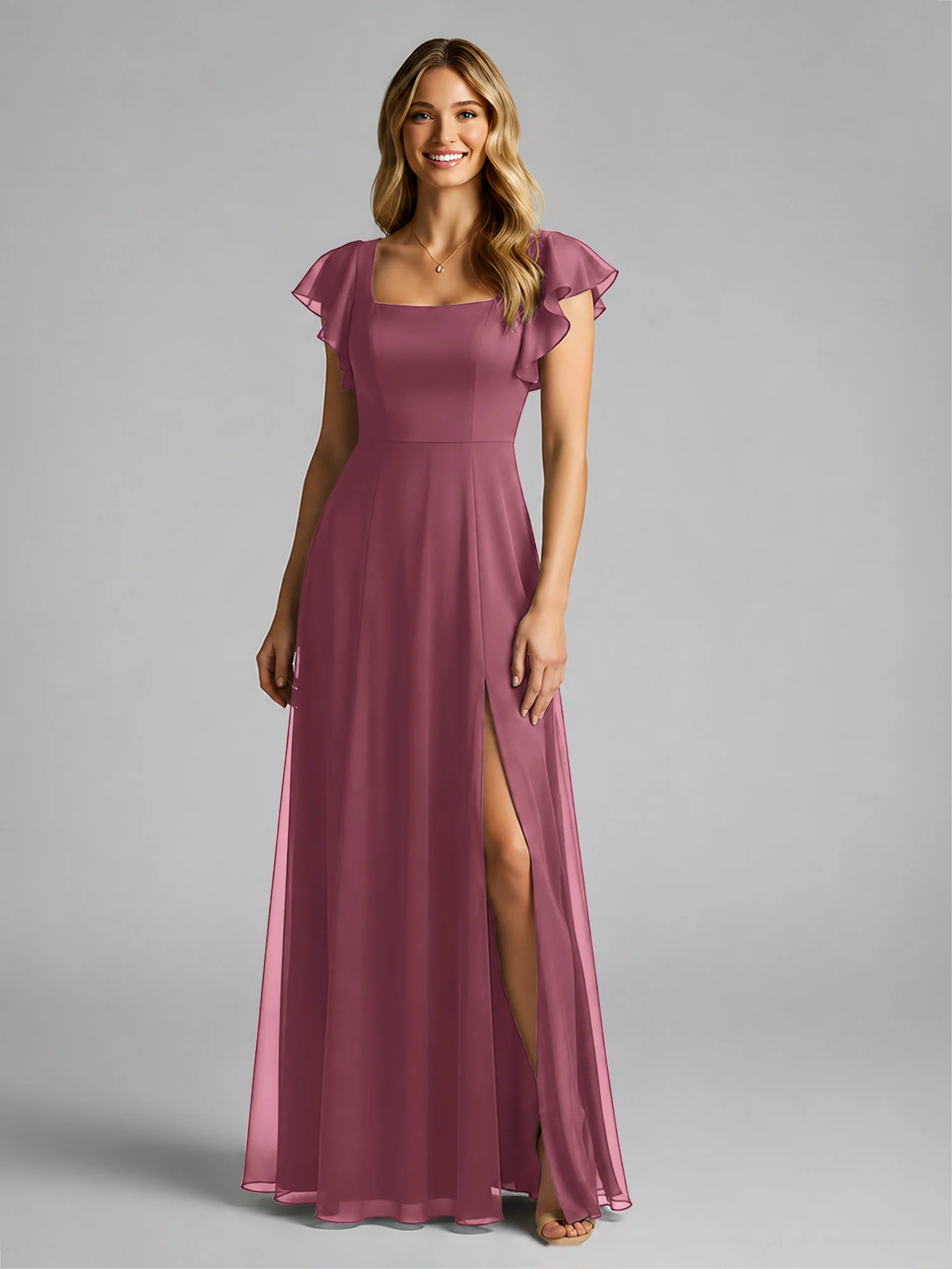 Chiffon Square Neck Flutter Sleeves Dresses With Slit Mulberry - Image 3