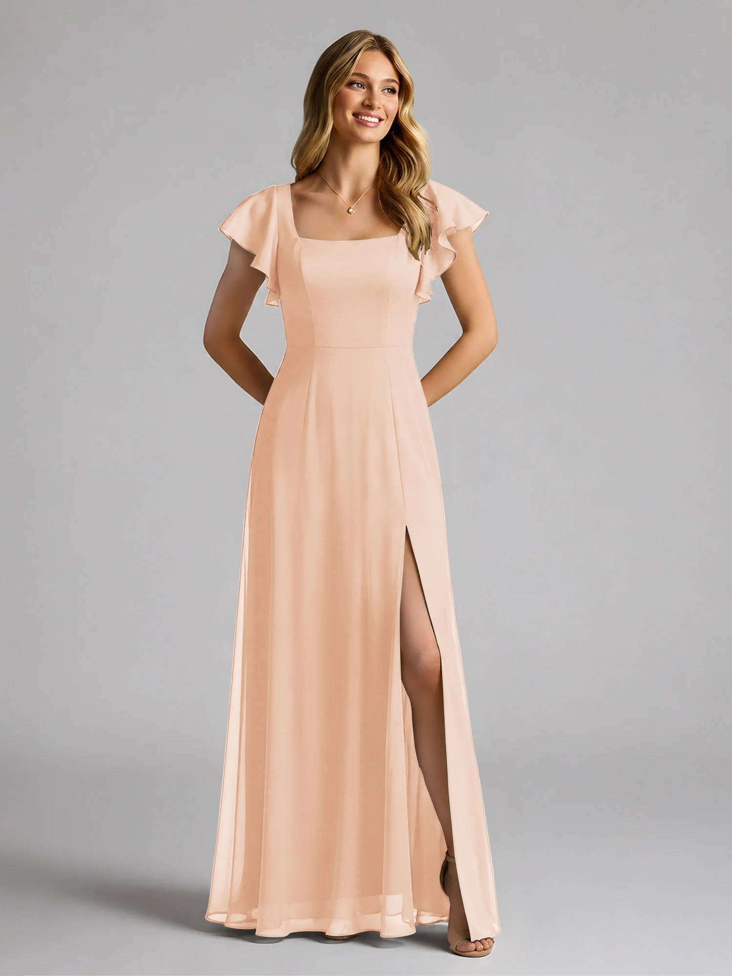 Chiffon Square Neck Flutter Sleeves Dresses With Slit Pearl Pink