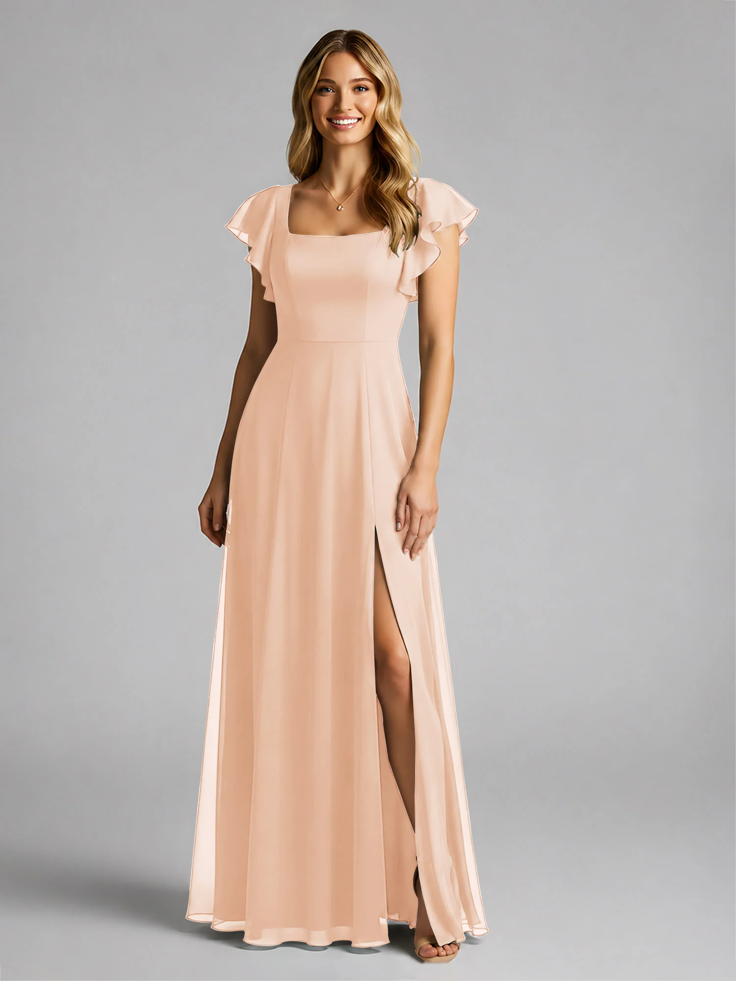 Chiffon Square Neck Flutter Sleeves Dresses With Slit Pearl Pink - Image 3