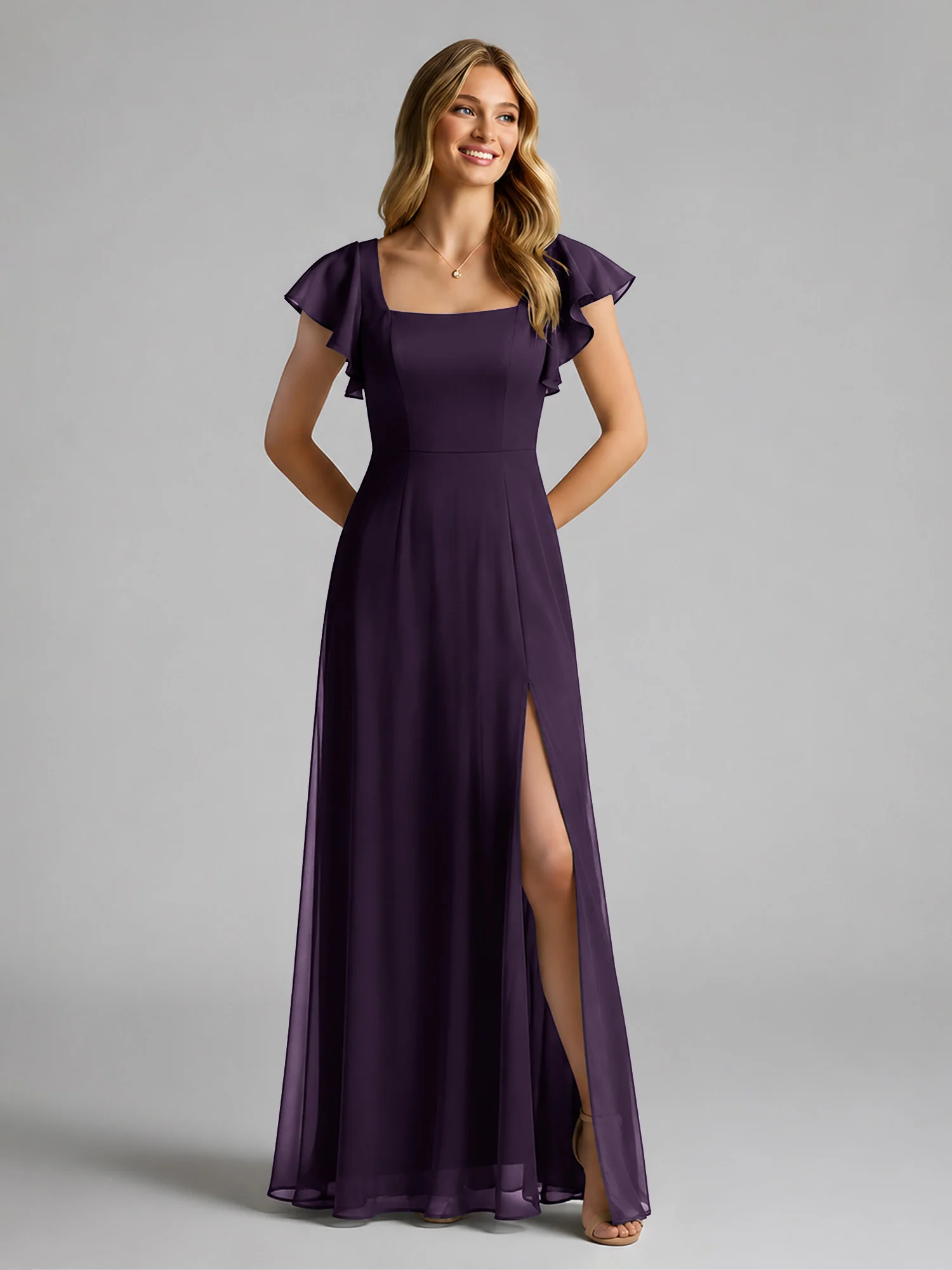 Chiffon Square Neck Flutter Sleeves Dresses With Slit Plum