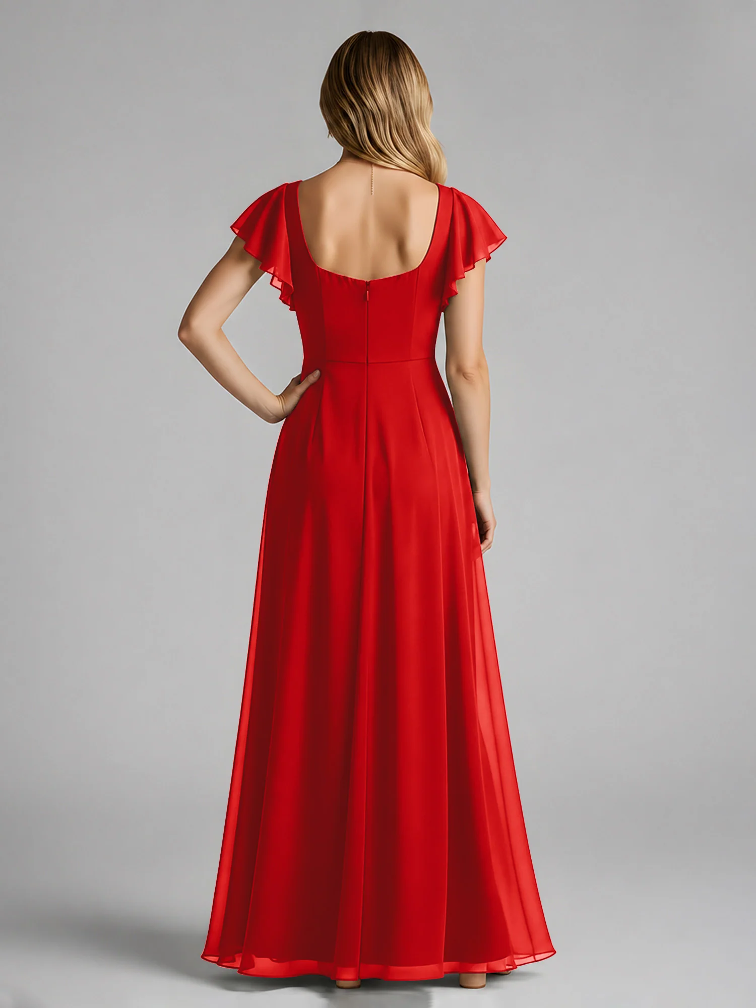 Chiffon Square Neck Flutter Sleeves Dresses With Slit Red - Image 2
