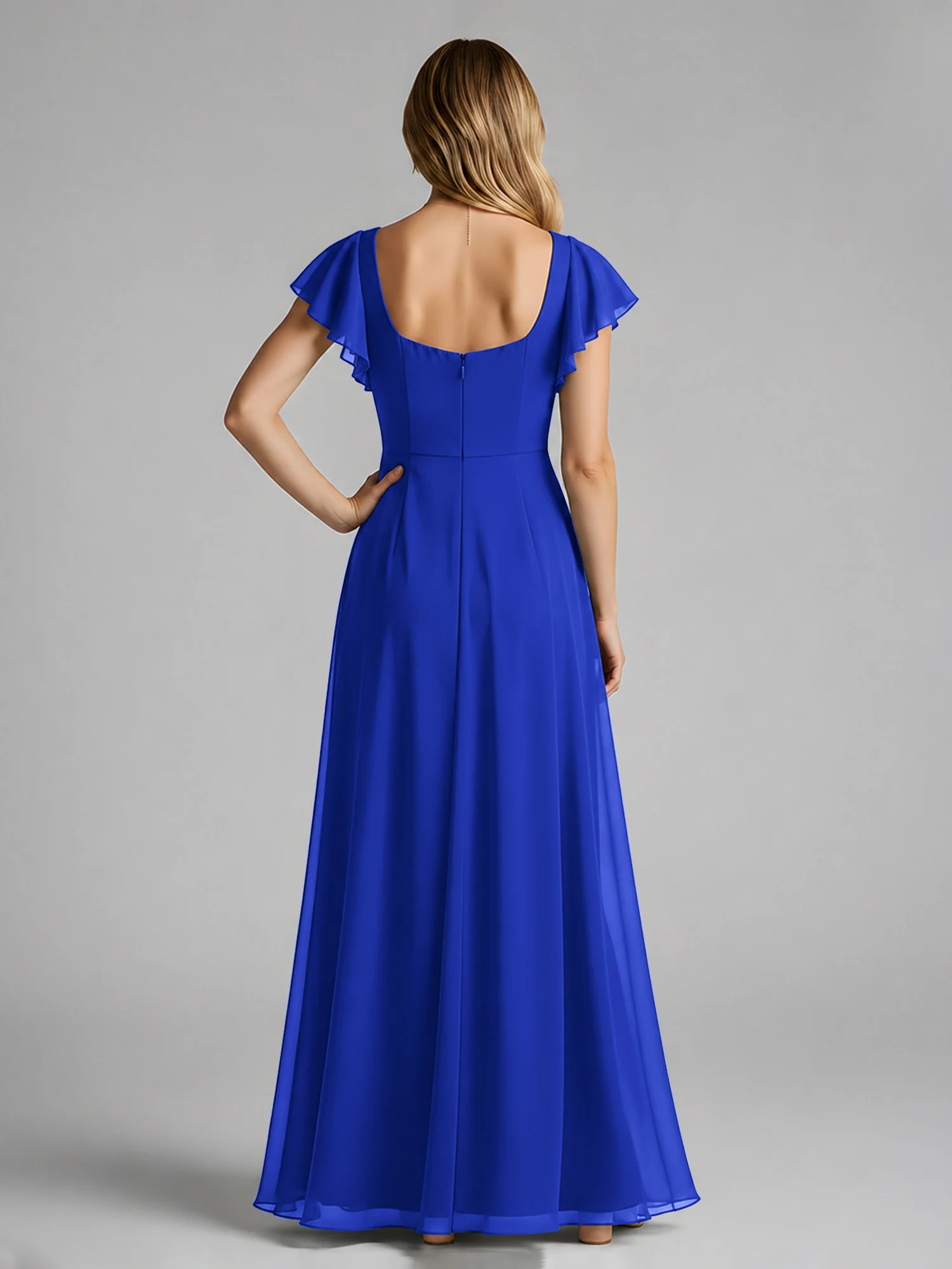 Chiffon Square Neck Flutter Sleeves Dresses With Slit Royal Blue - Image 2