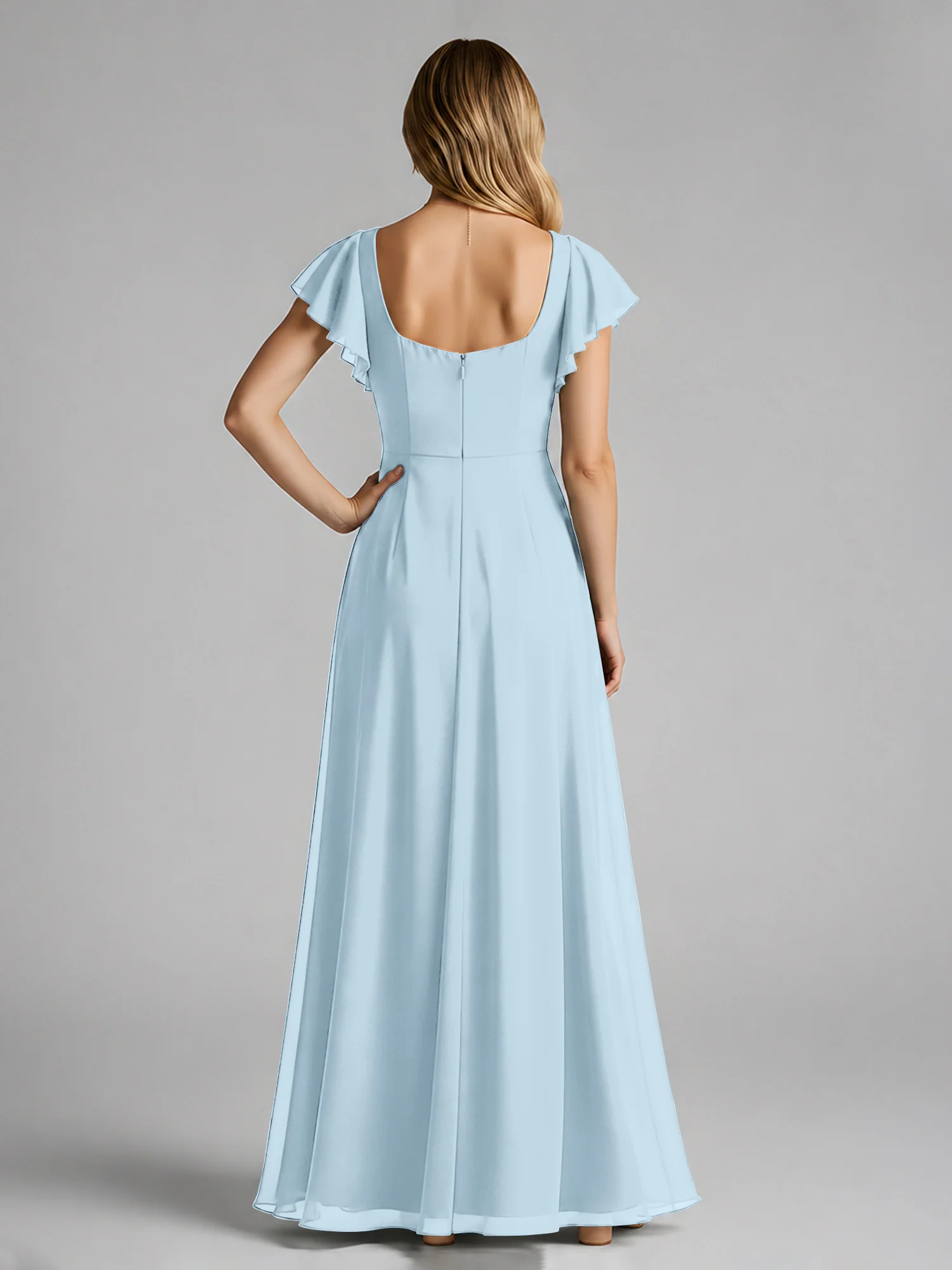 Chiffon Square Neck Flutter Sleeves Dresses With Slit Sky Blue - Image 2
