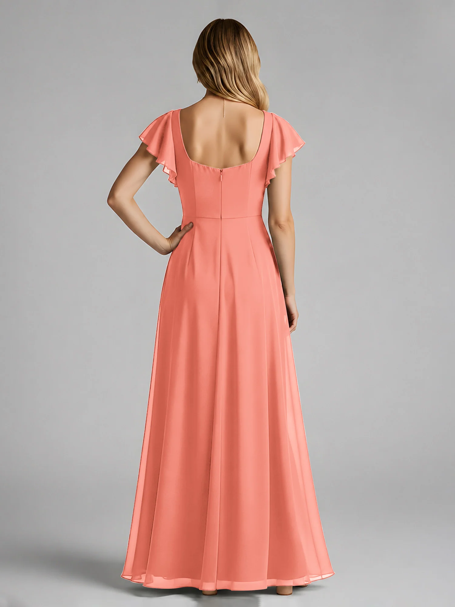 Chiffon Square Neck Flutter Sleeves Dresses With Slit Sunset - Image 2