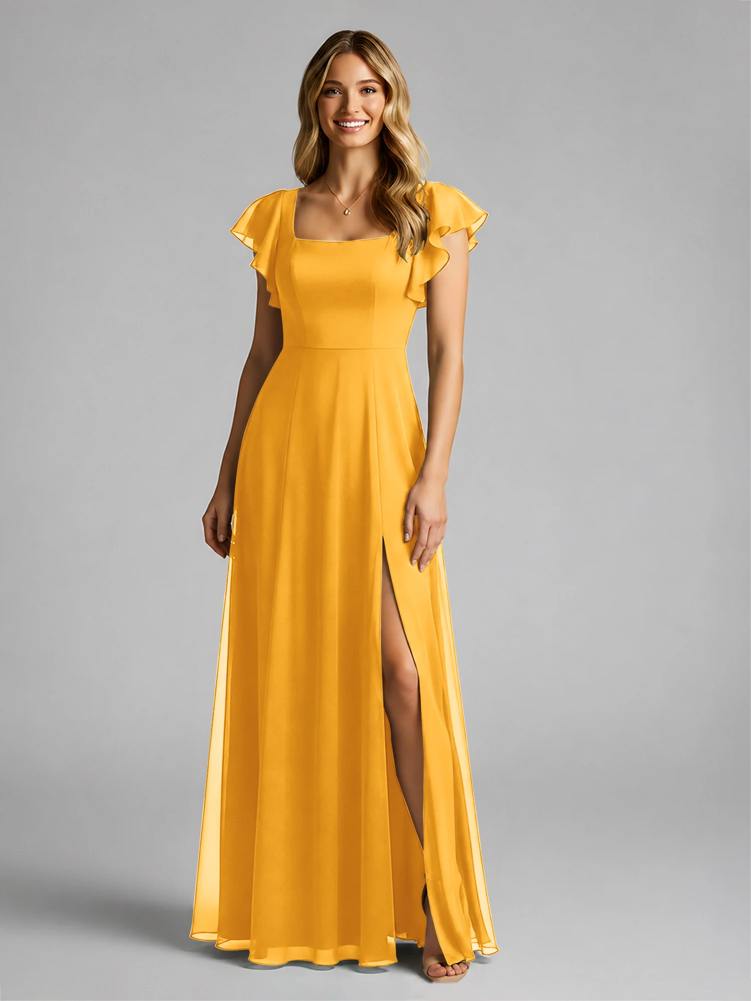 Chiffon Square Neck Flutter Sleeves Dresses With Slit Tangerine - Image 3