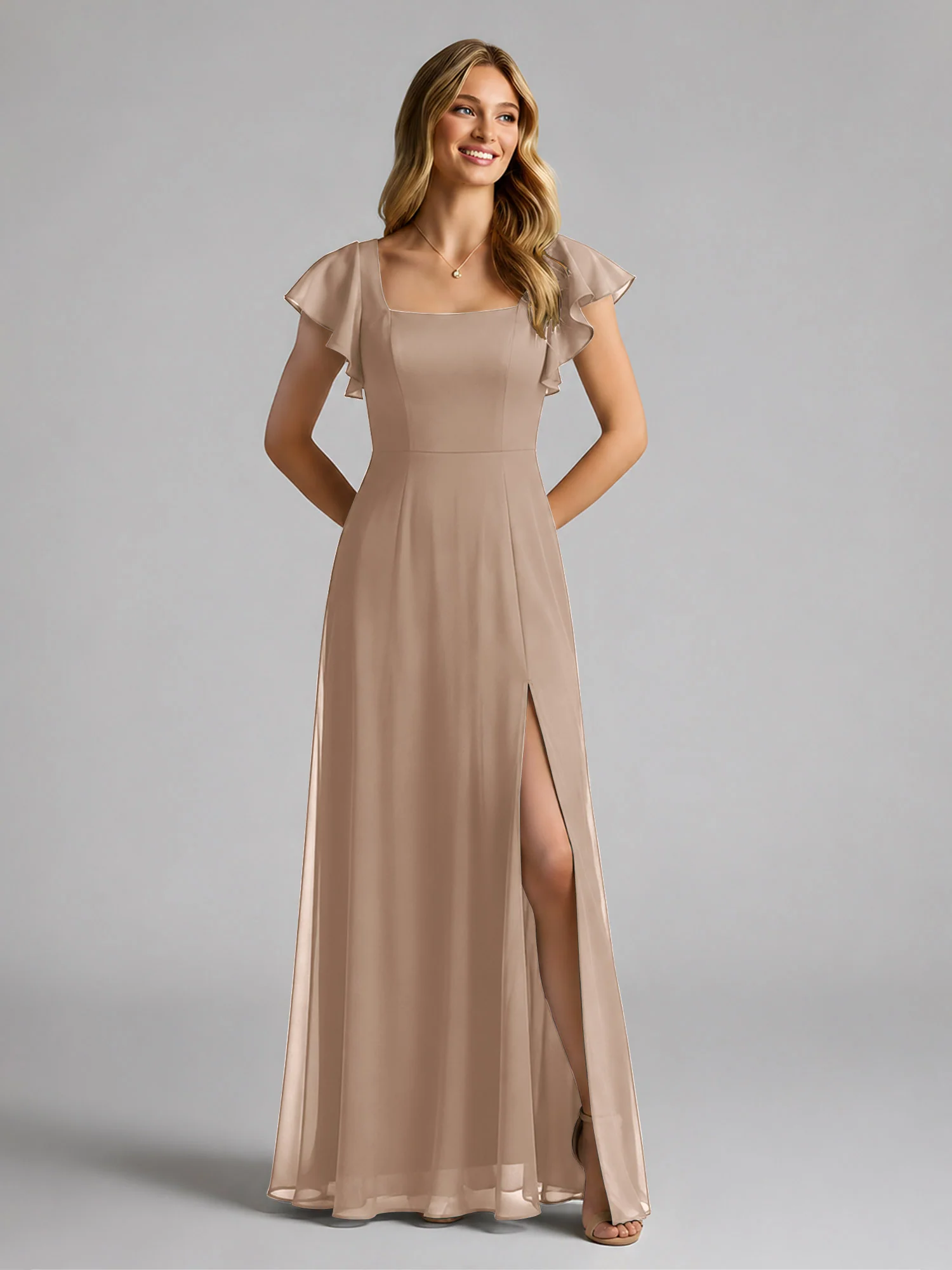 Chiffon Square Neck Flutter Sleeves Dresses With Slit Taupe