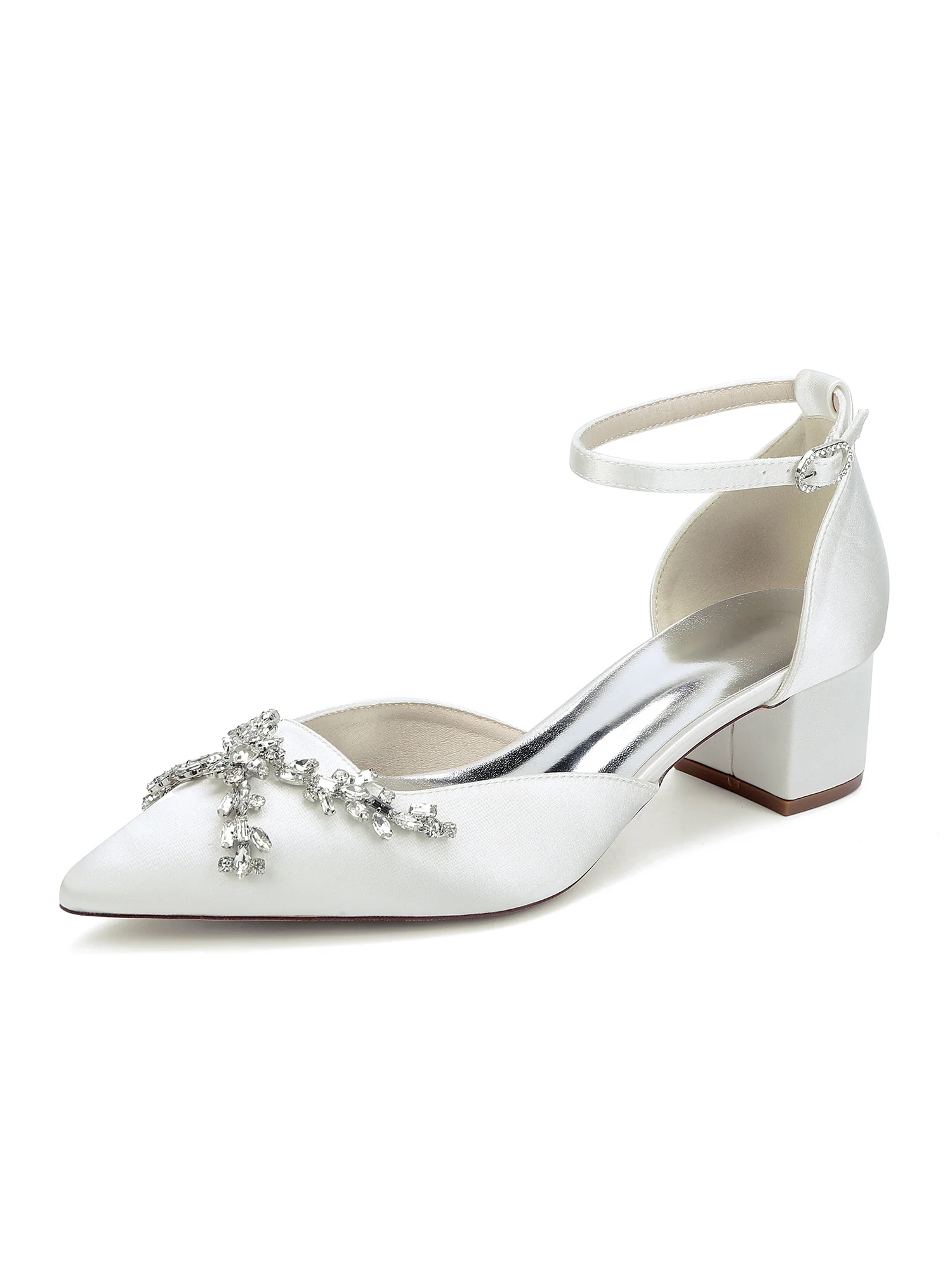 Satin Block Heel Pointed Toe Heels with Rhinestone - Image 10