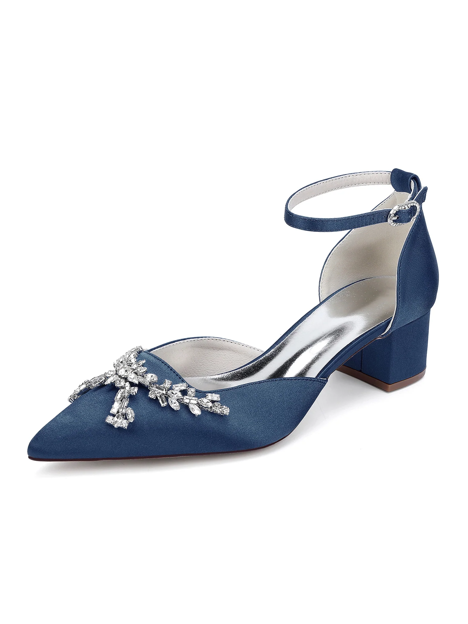 Satin Block Heel Pointed Toe Heels with Rhinestone - Image 15
