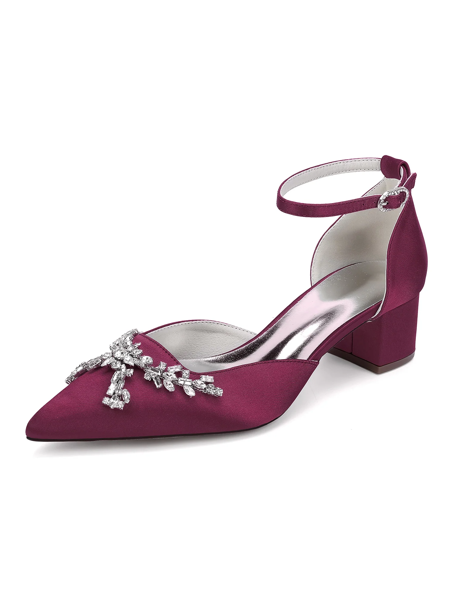 Satin Block Heel Pointed Toe Heels with Rhinestone - Image 8