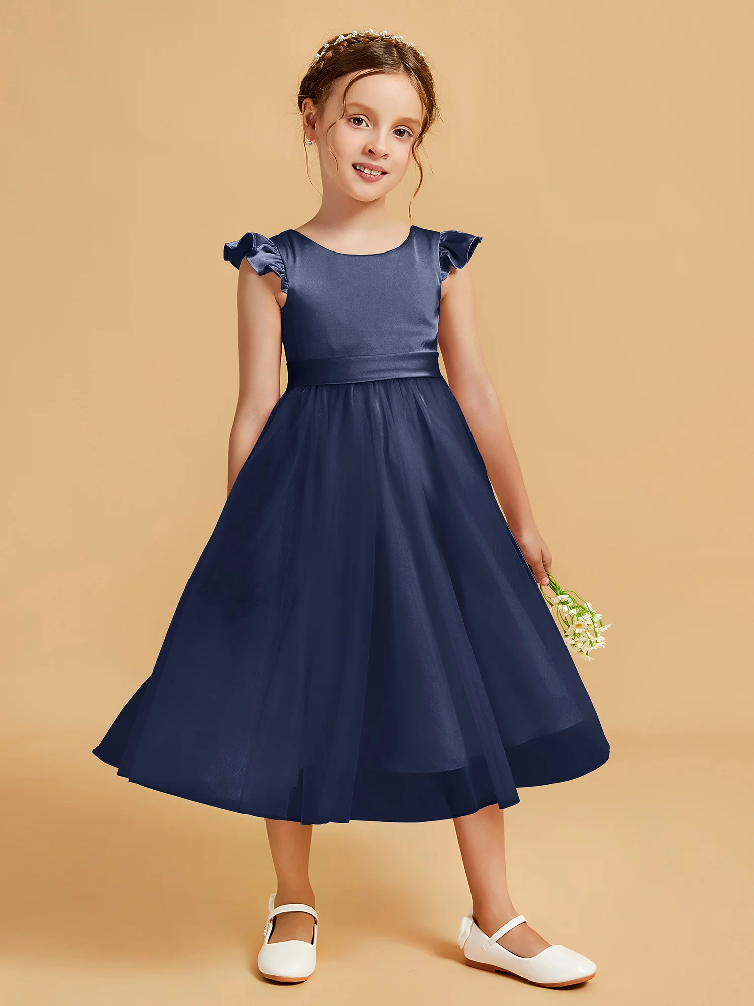 Satin Girl's Dress With Flutter Sleeves Dark Navy