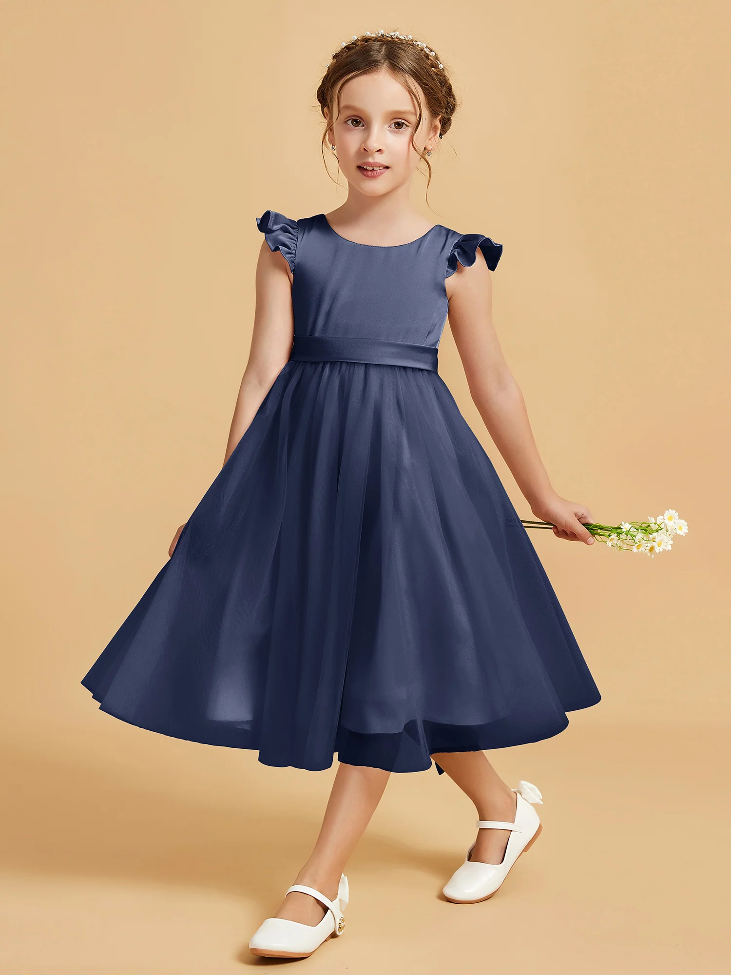 Satin Girl's Dress With Flutter Sleeves Dark Navy - Image 3