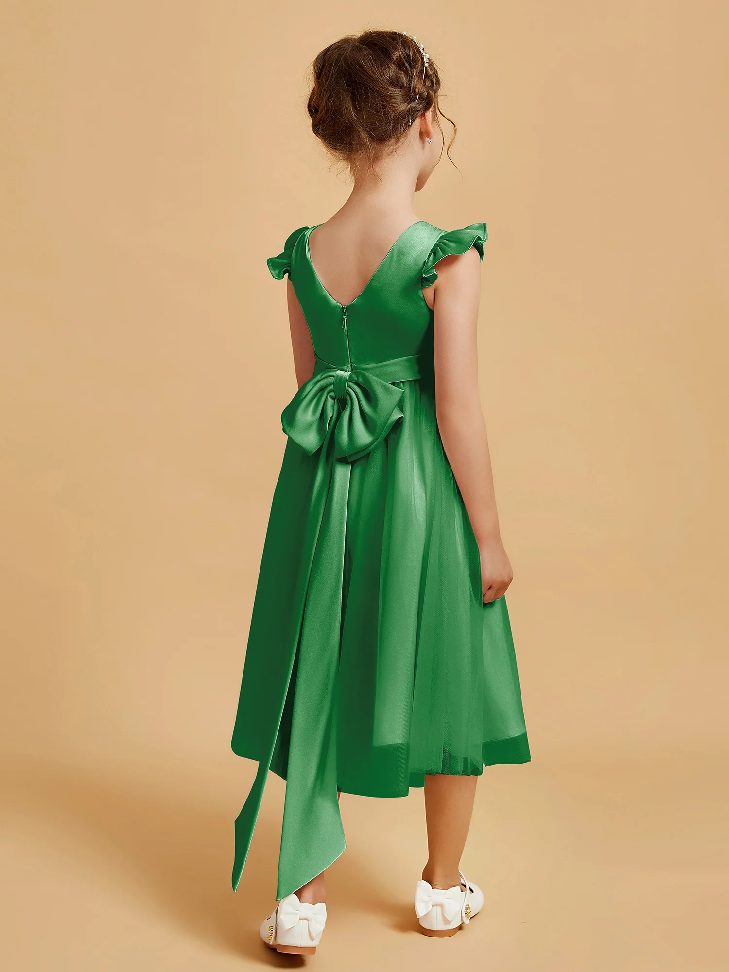 Satin Girl's Dress With Flutter Sleeves Emerald - Image 2