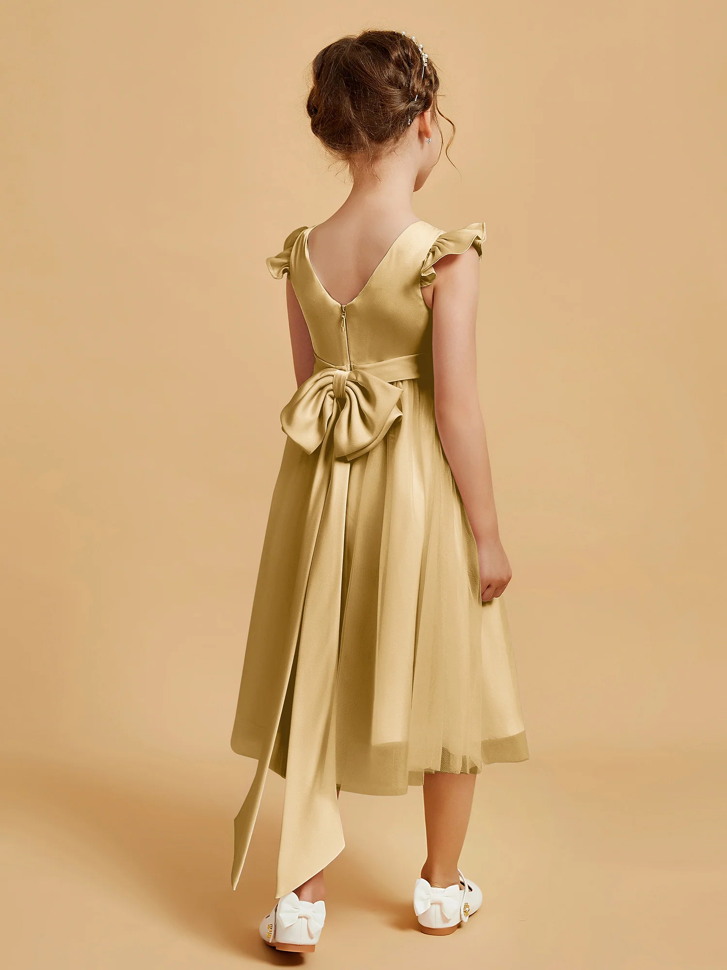 Satin Girl's Dress With Flutter Sleeves Gold - Image 2