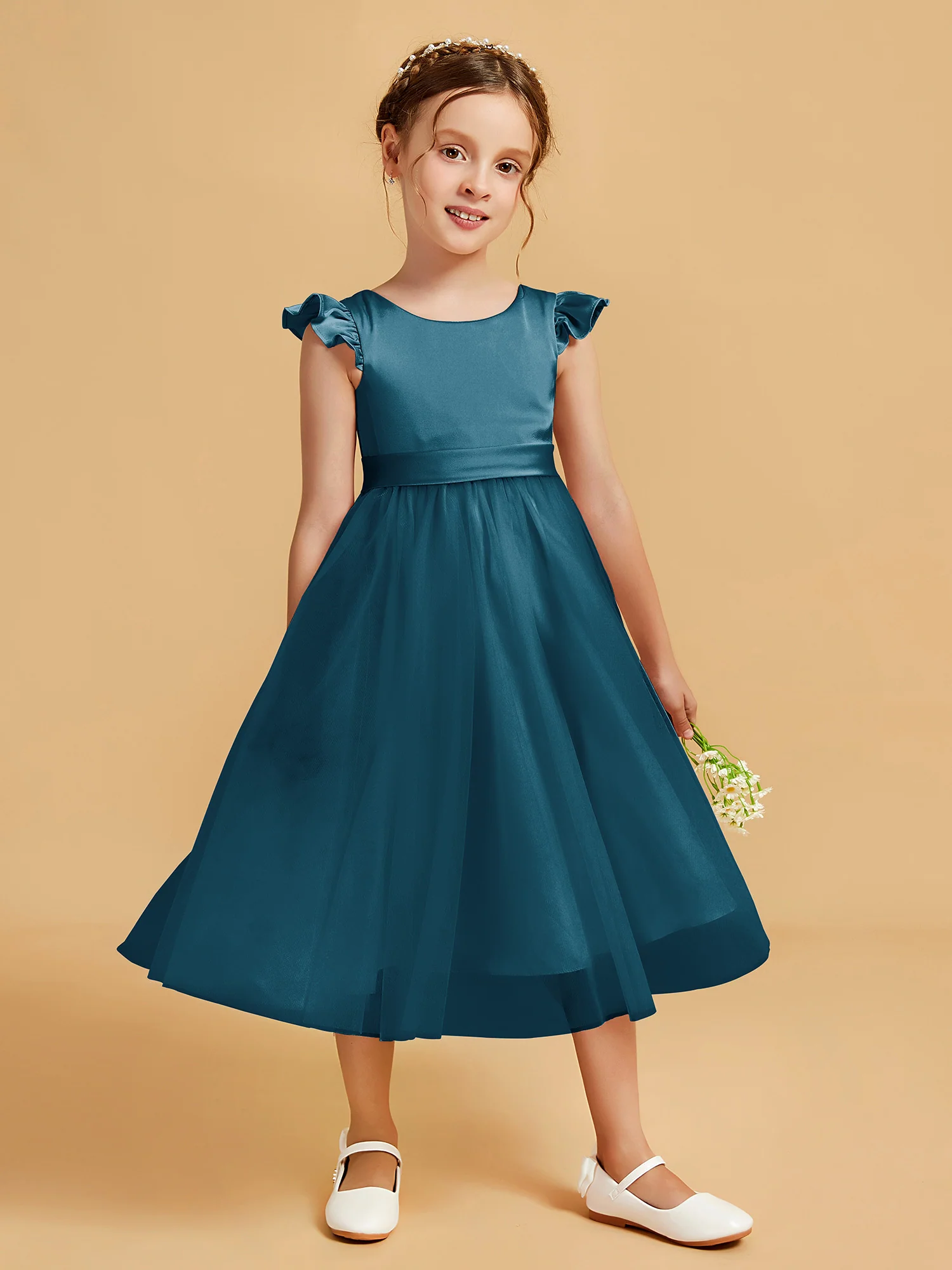 Satin Girl's Dress With Flutter Sleeves Ink Blue