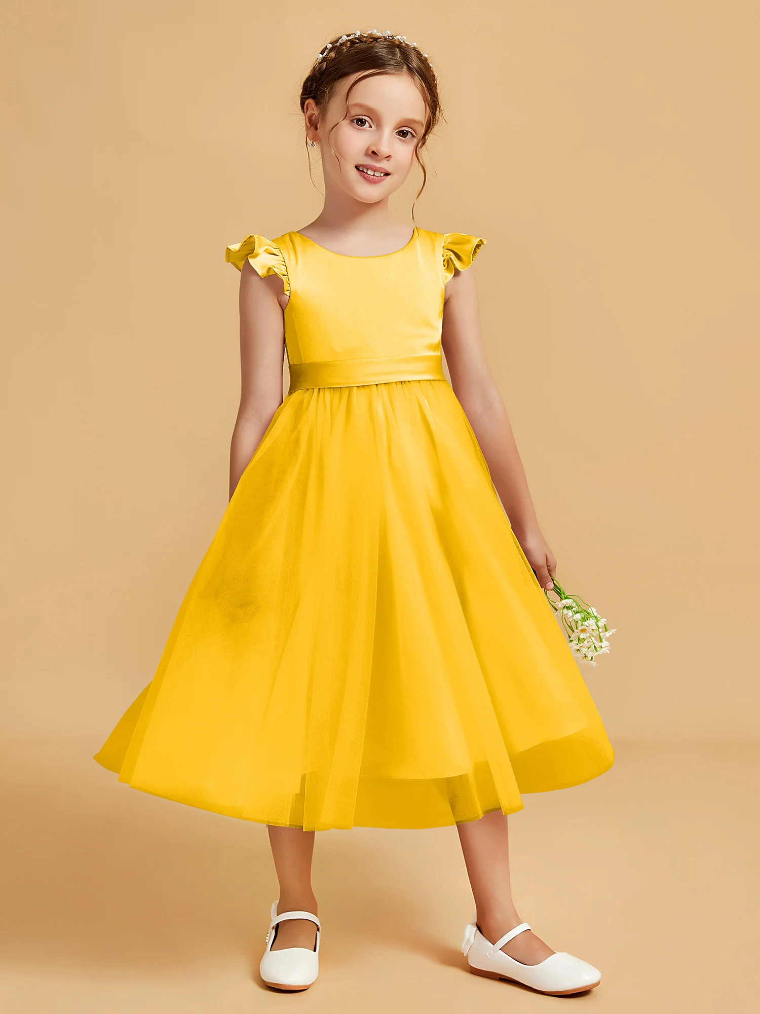 Satin Girl's Dress With Flutter Sleeves Marigold