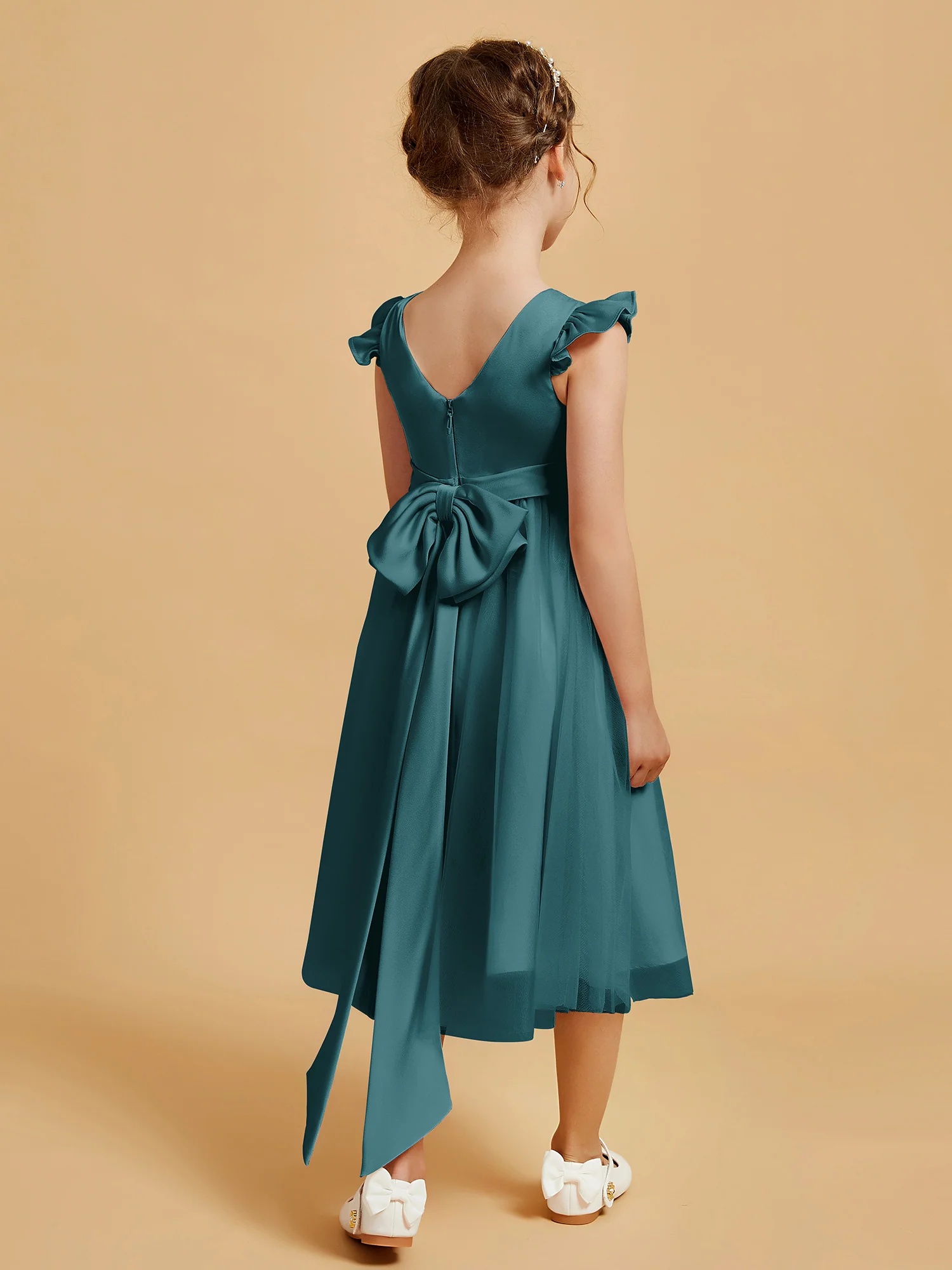 Satin Girl's Dress With Flutter Sleeves Peacock - Image 2