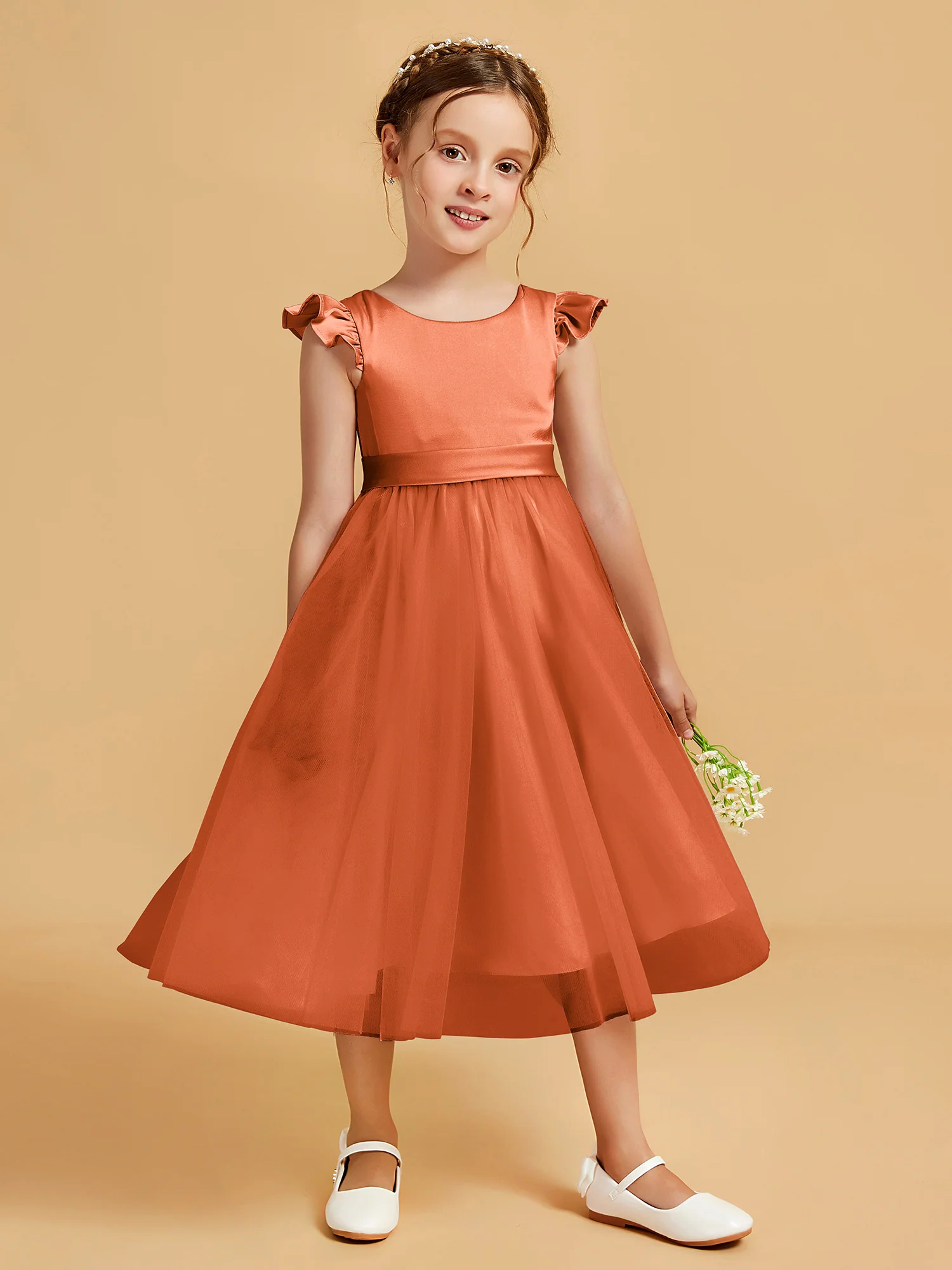 Satin Girl's Dress With Flutter Sleeves Rust