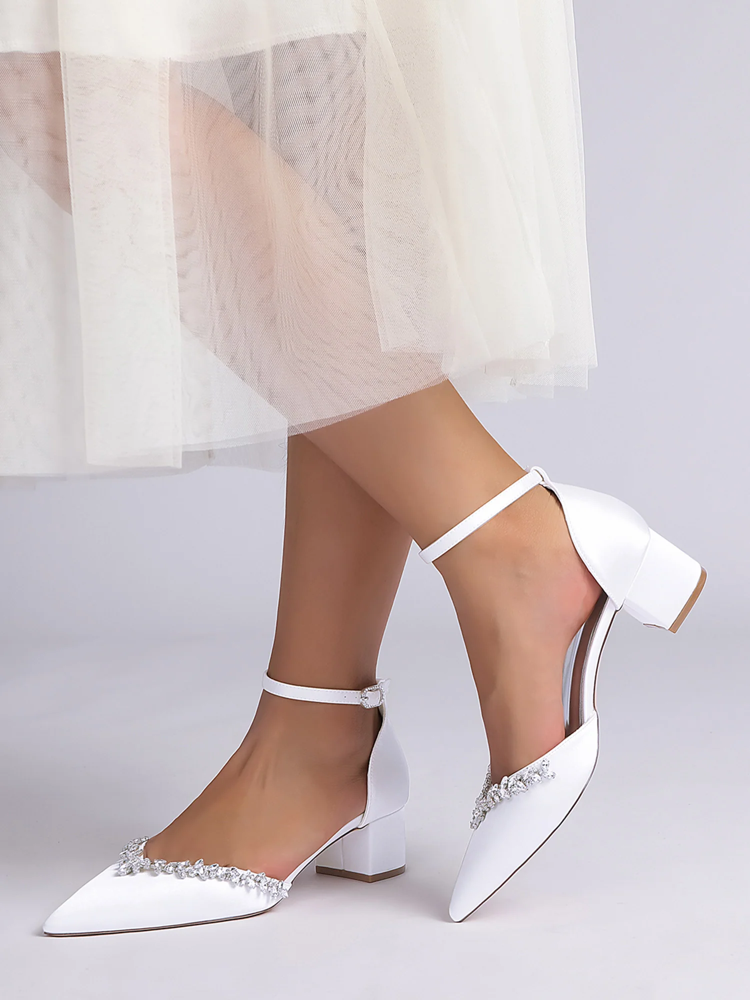 Satin Pointed Toe Women's thick Heels with Rhinestone