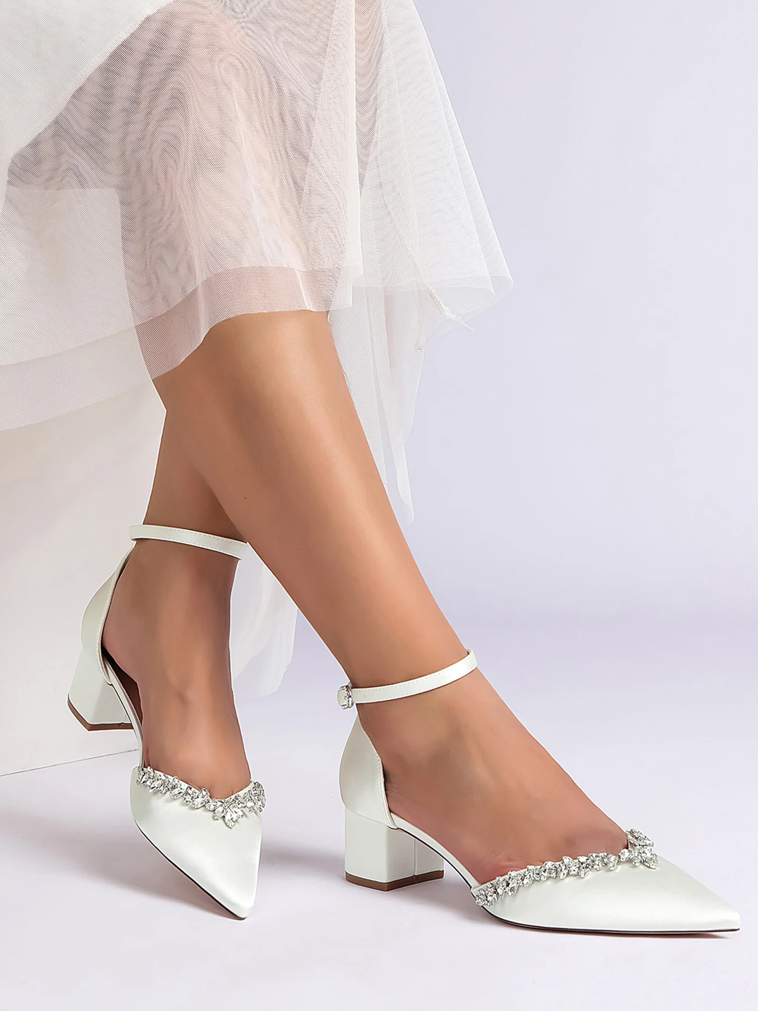Satin Pointed Toe Women's thick Heels with Rhinestone - Image 10