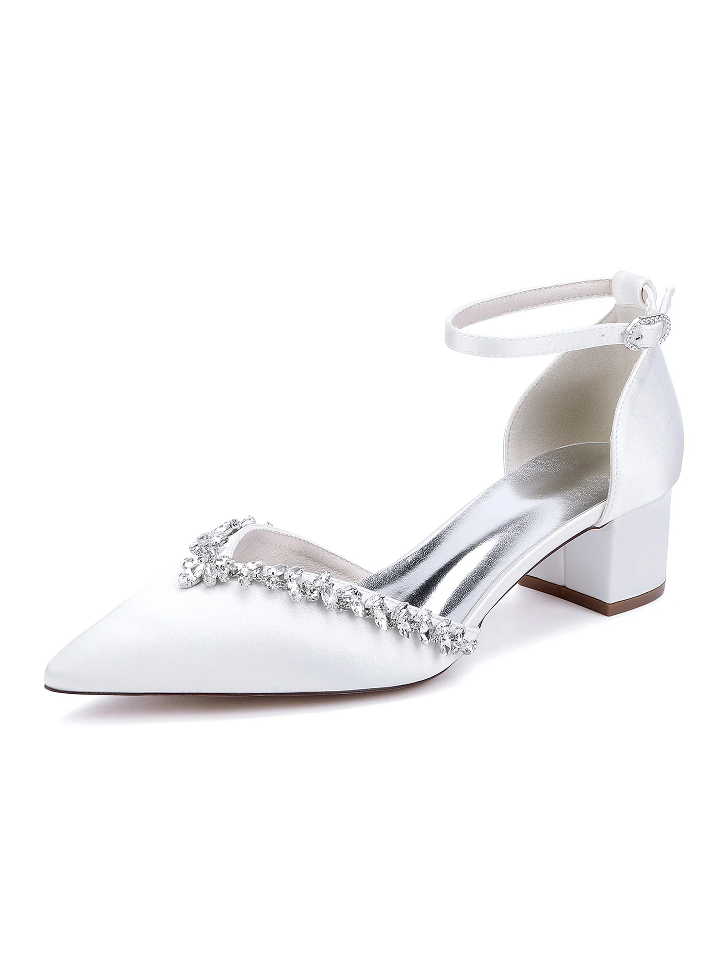 Satin Pointed Toe Women's thick Heels with Rhinestone - Image 2