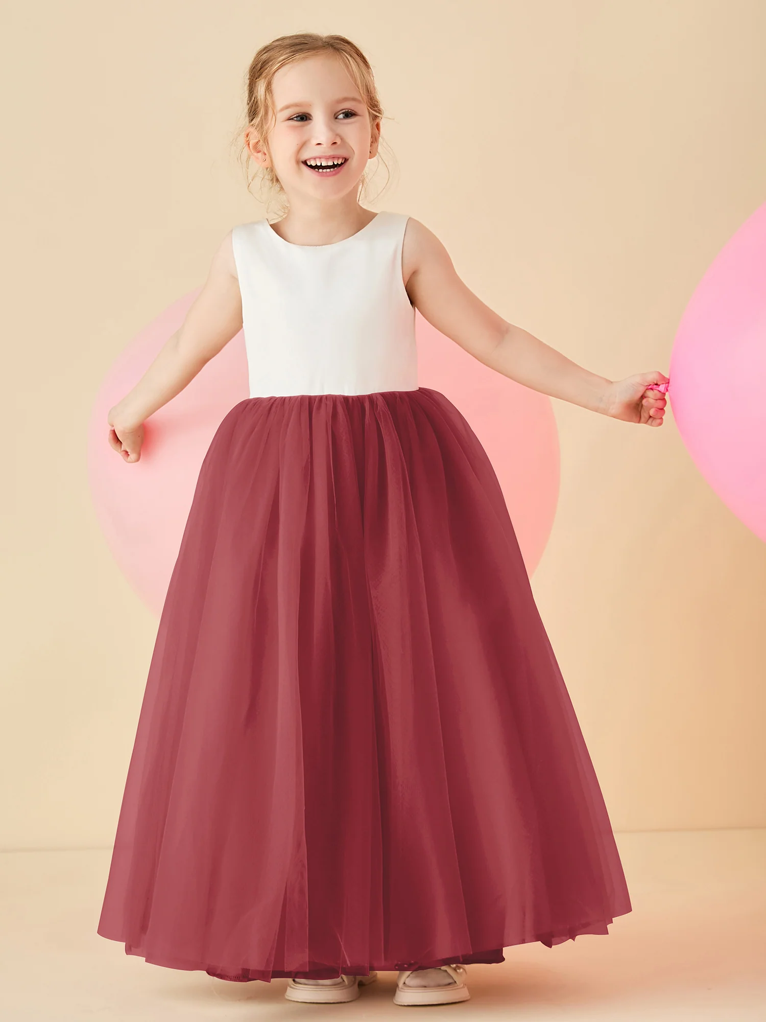 Satin Tulle V-Back Floor-length Flower Girl Dress Cinnamon Rose