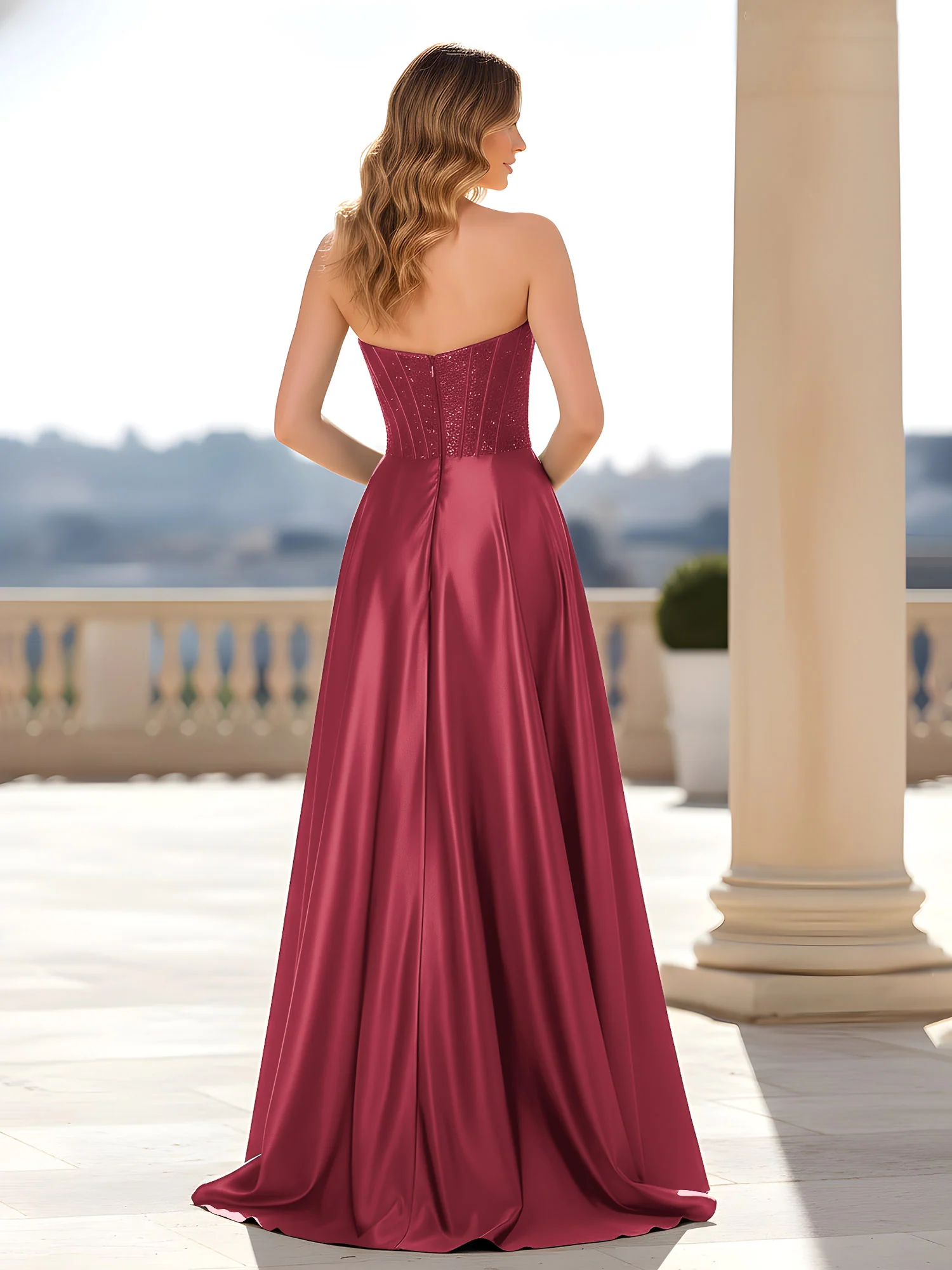 Strapless Satin Gown with Corset Bodice Cinnamon Rose - Image 2