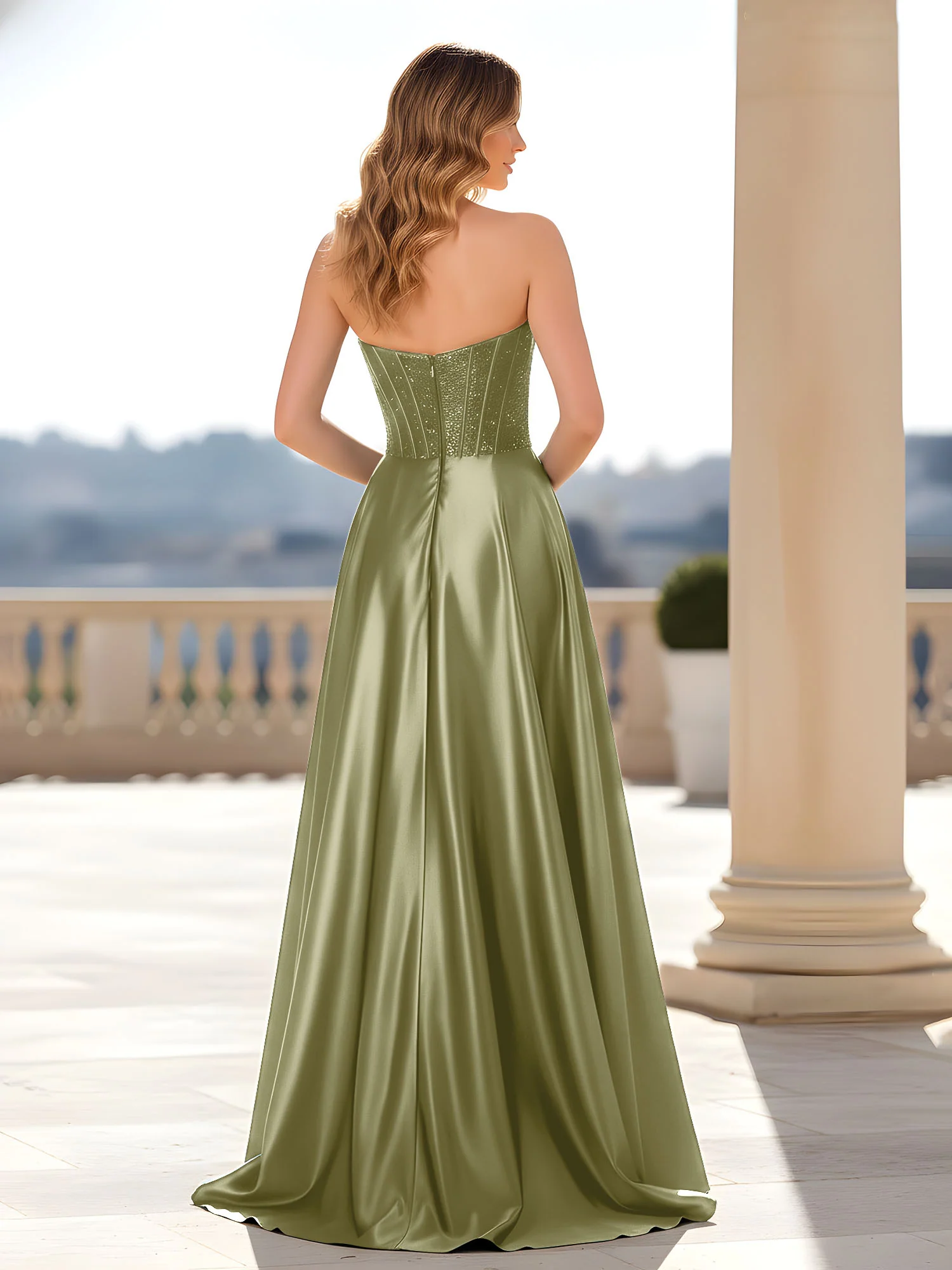 Strapless Satin Gown with Corset Bodice Dusty Sage - Image 2