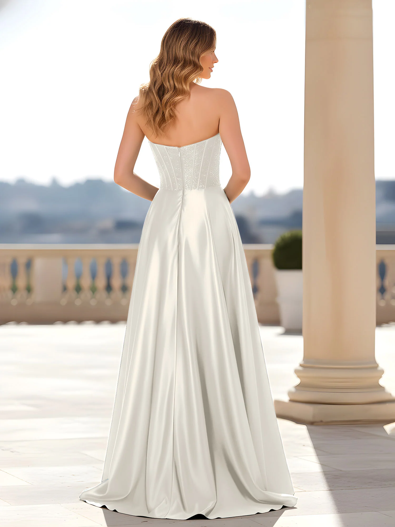 Strapless Satin Gown with Corset Bodice Ivory - Image 2