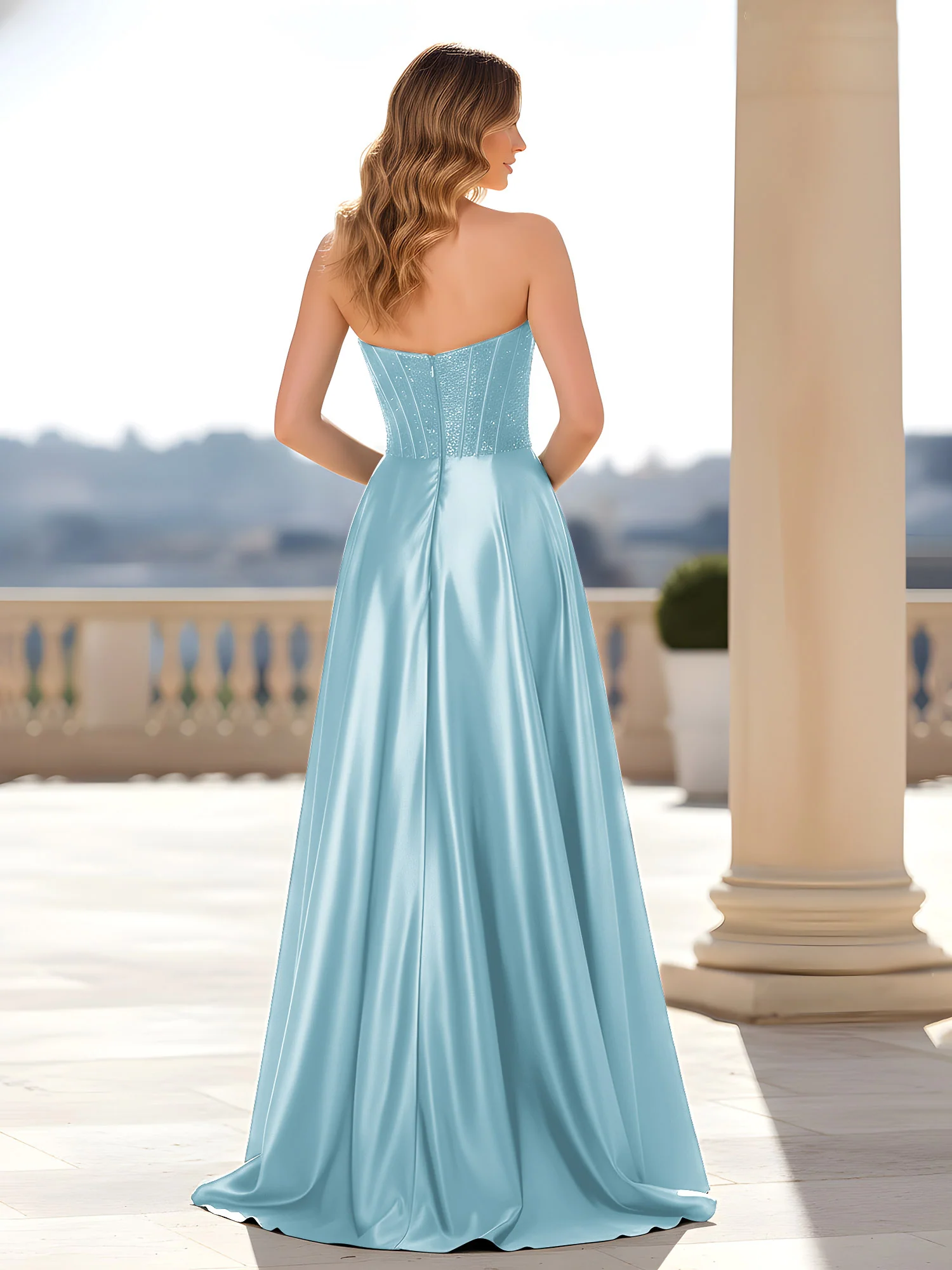 Strapless Satin Gown with Corset Bodice Mist - Image 2