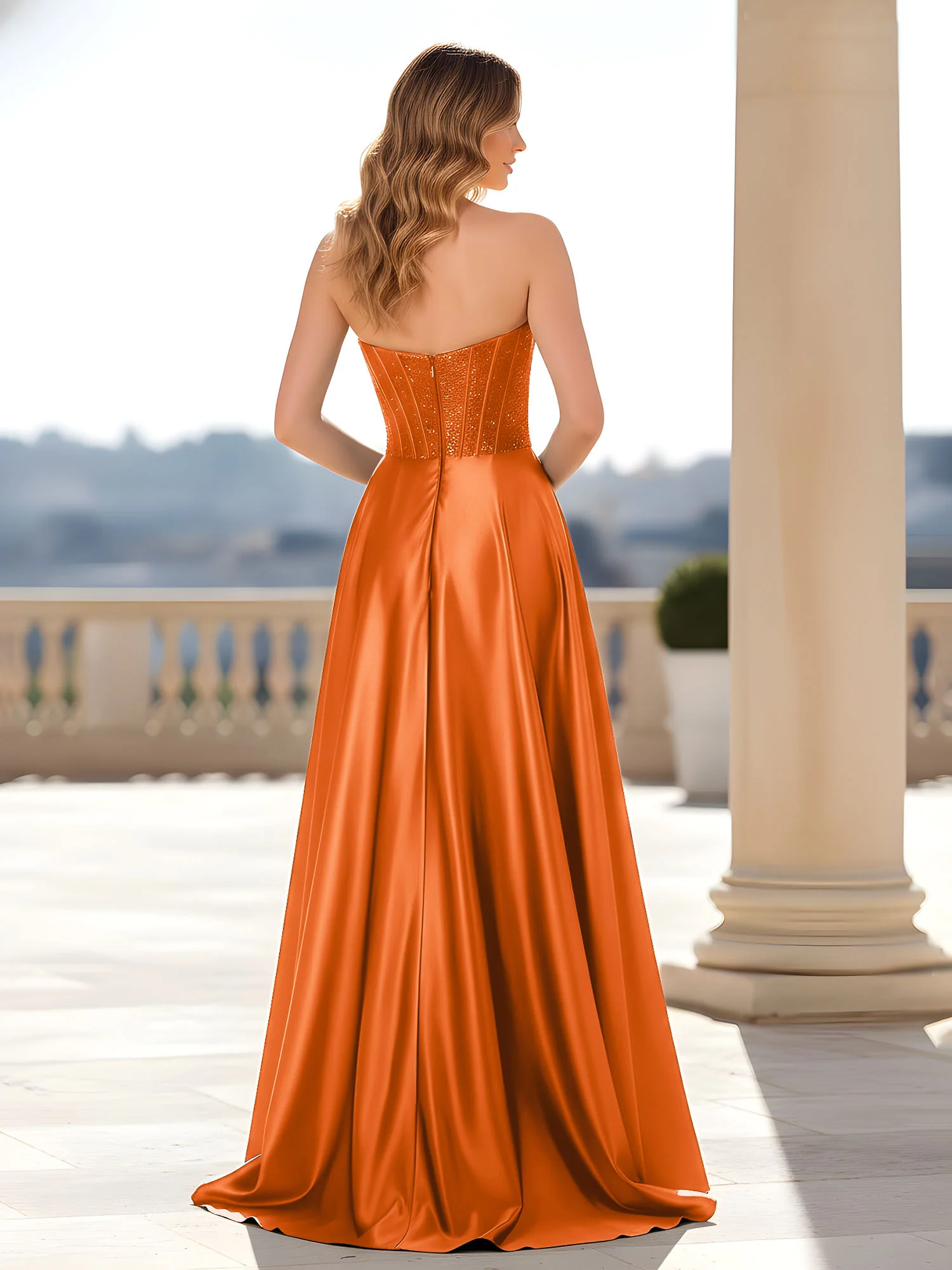 Strapless Satin Gown with Corset Bodice Orange - Image 2