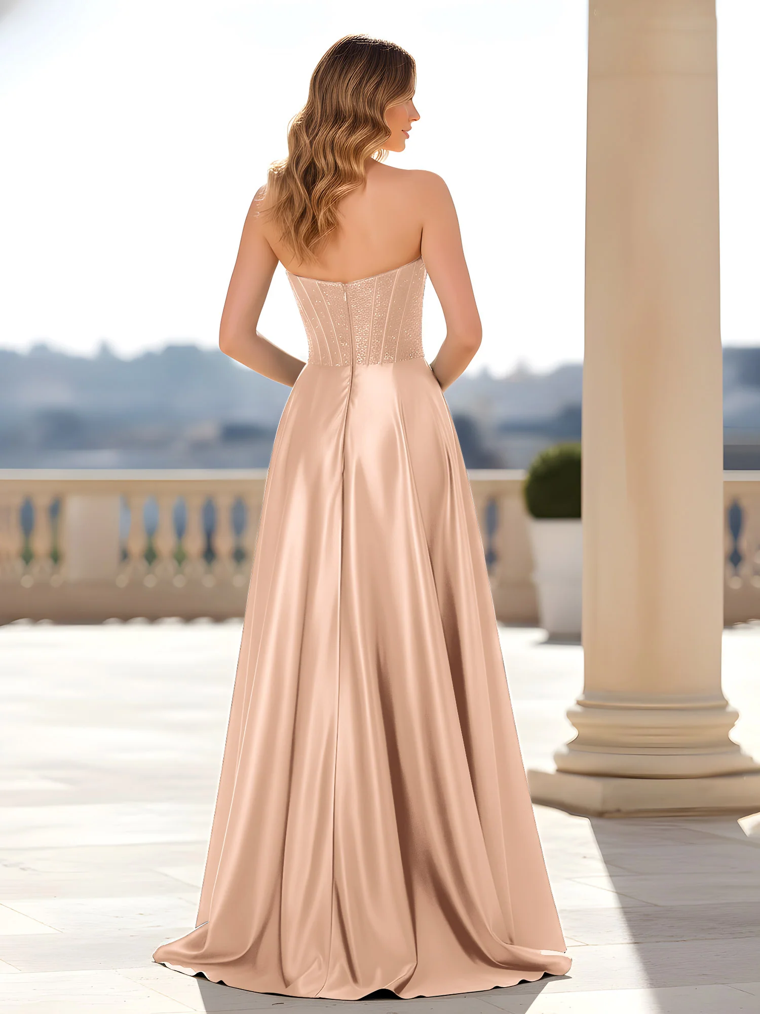 Strapless Satin Gown with Corset Bodice Peach - Image 2