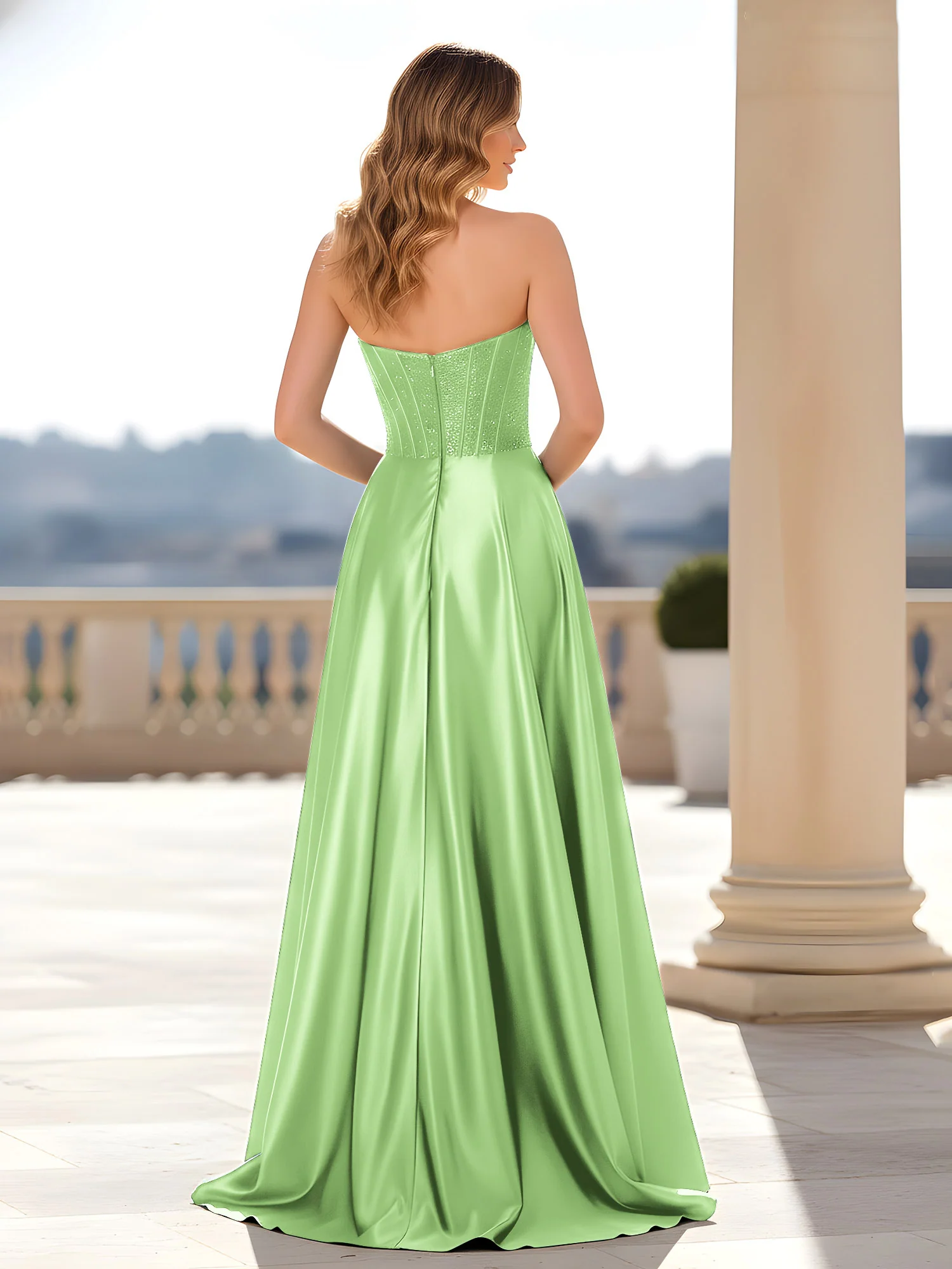 Strapless Satin Gown with Corset Bodice Sage - Image 2