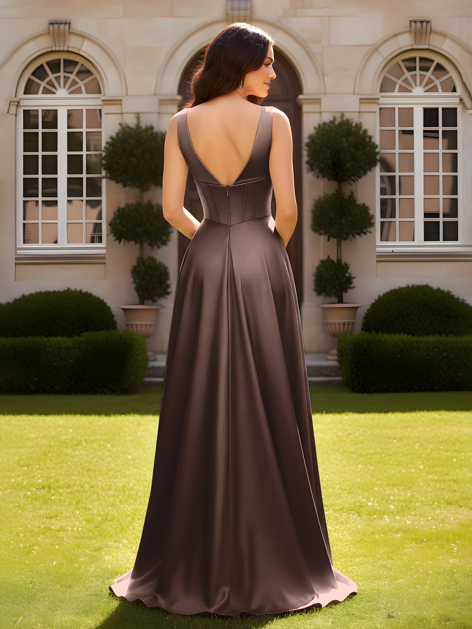 Sleeveless A-Line Evening Dress with Low V-Back Chocolate - Image 2