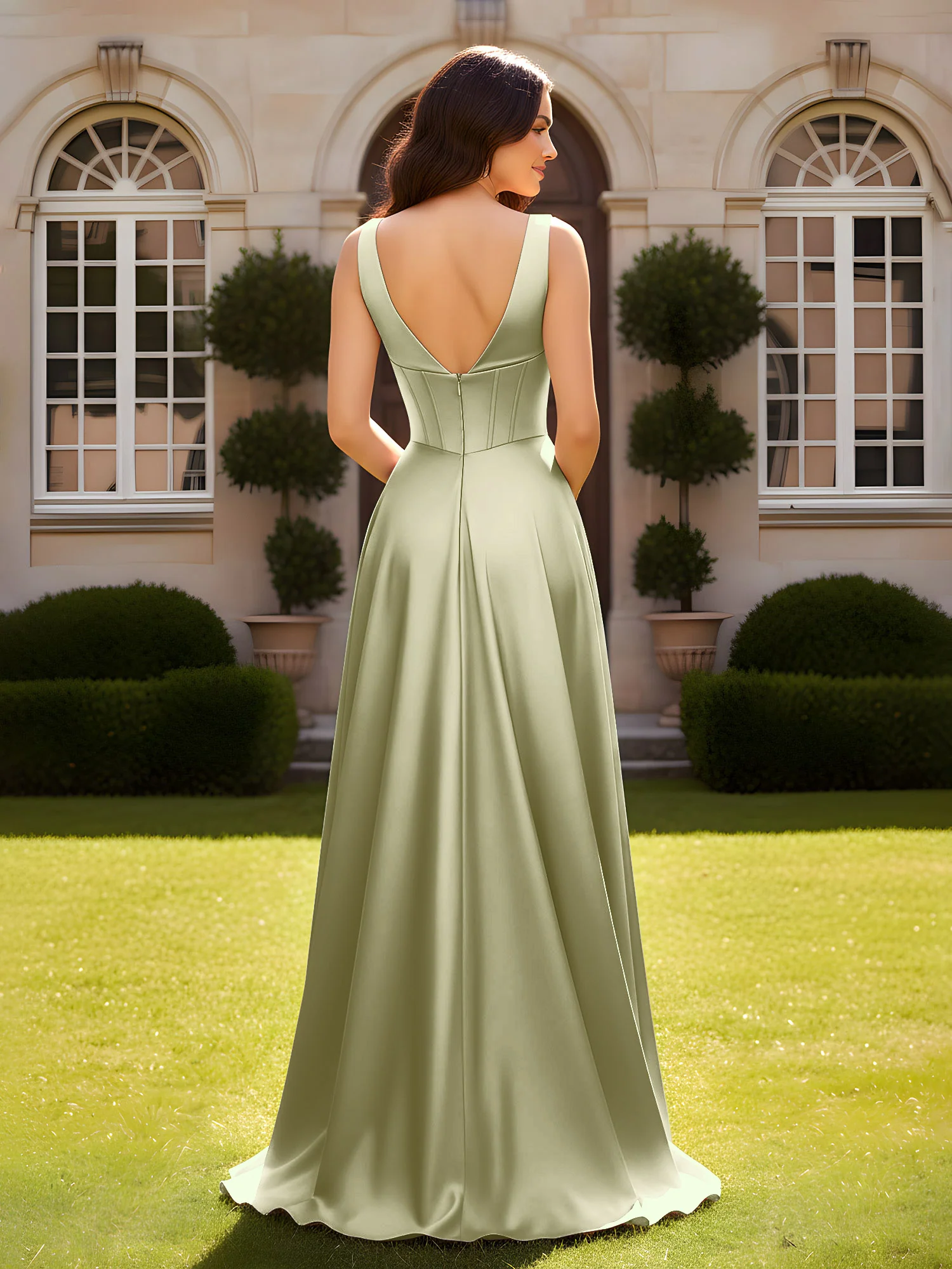 Sleeveless A-Line Evening Dress with Low V-Back Dusty Sage - Image 2
