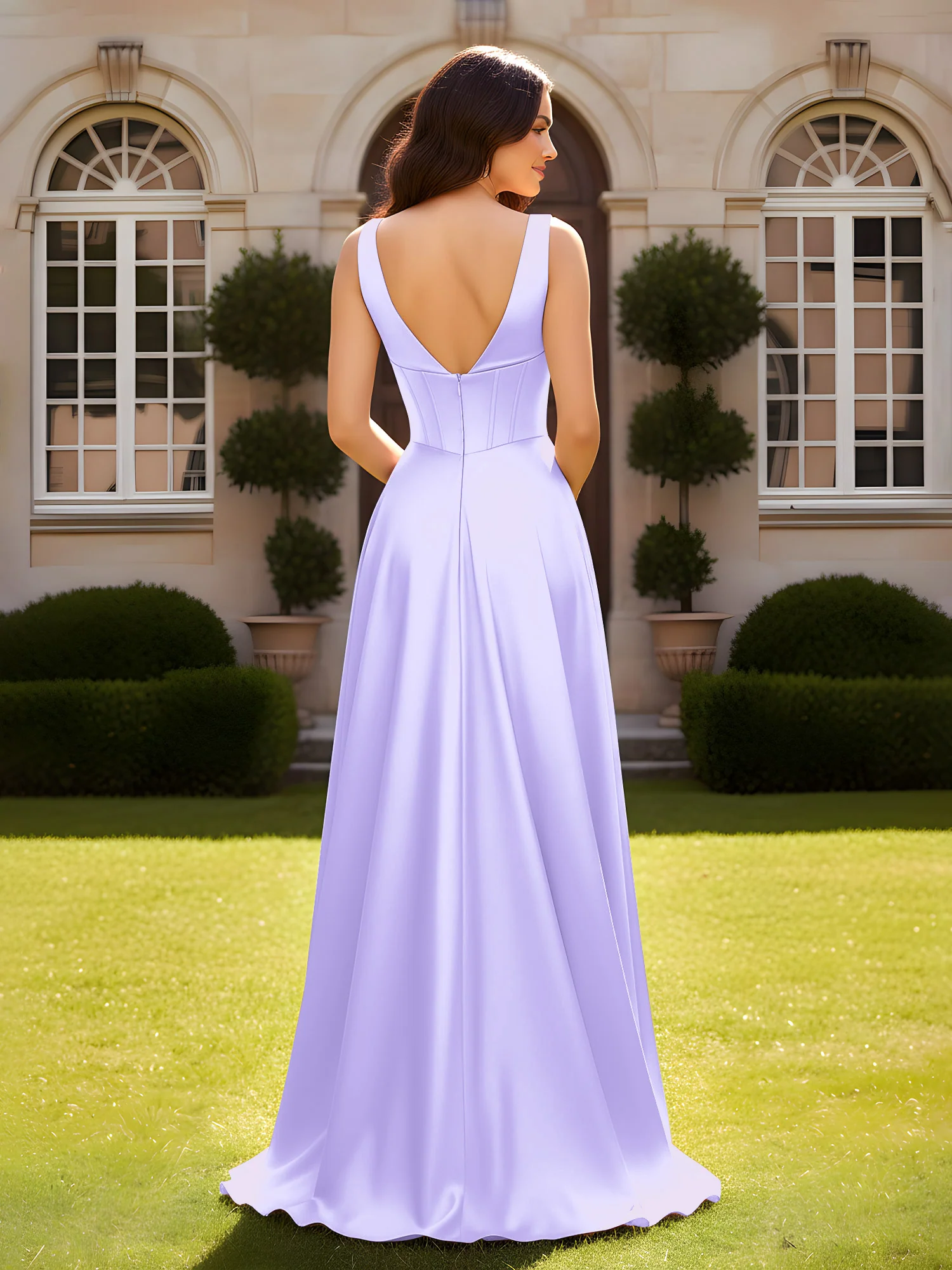 Sleeveless A-Line Evening Dress with Low V-Back Lilac - Image 2