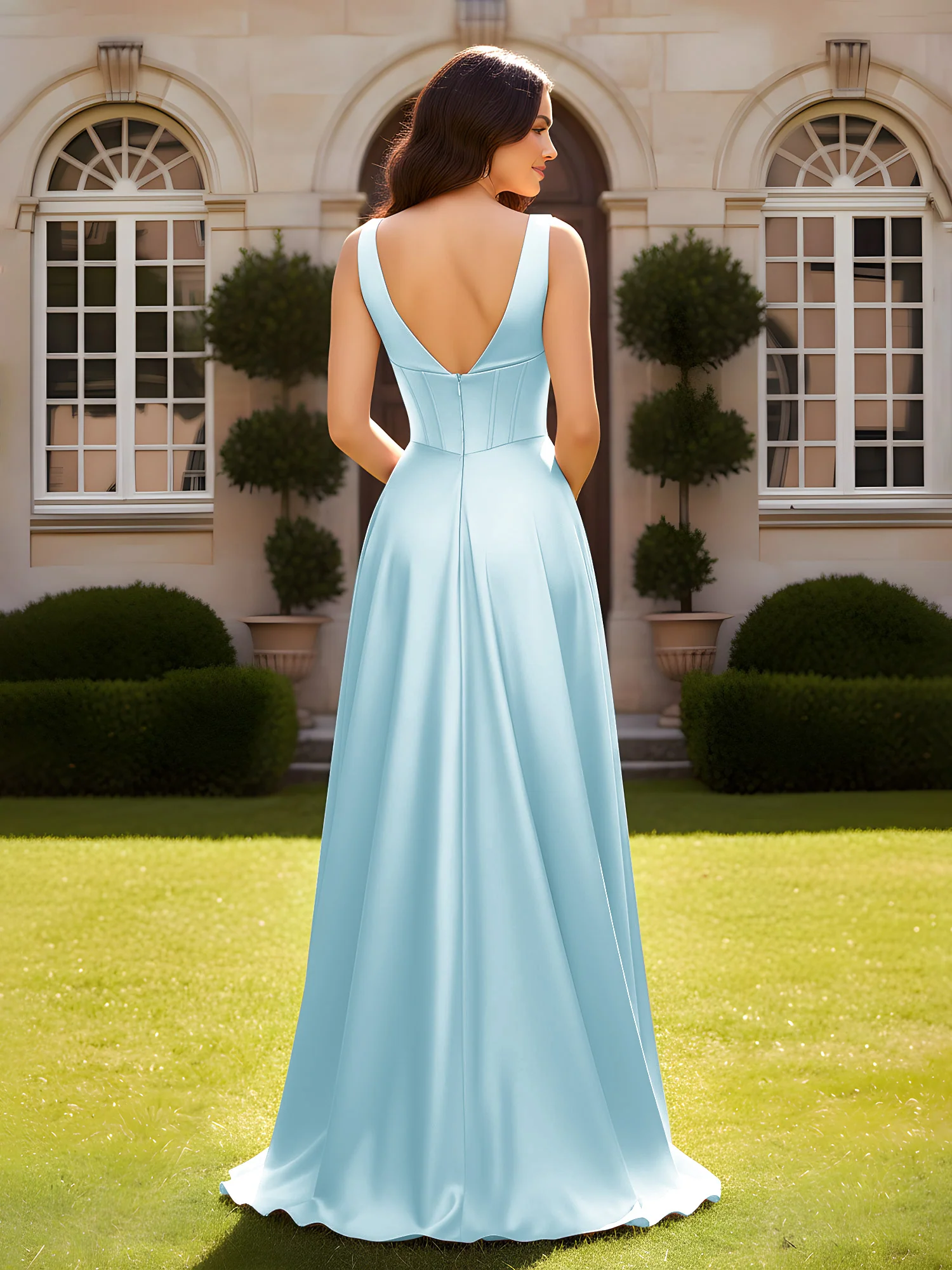 Sleeveless A-Line Evening Dress with Low V-Back Mist - Image 2