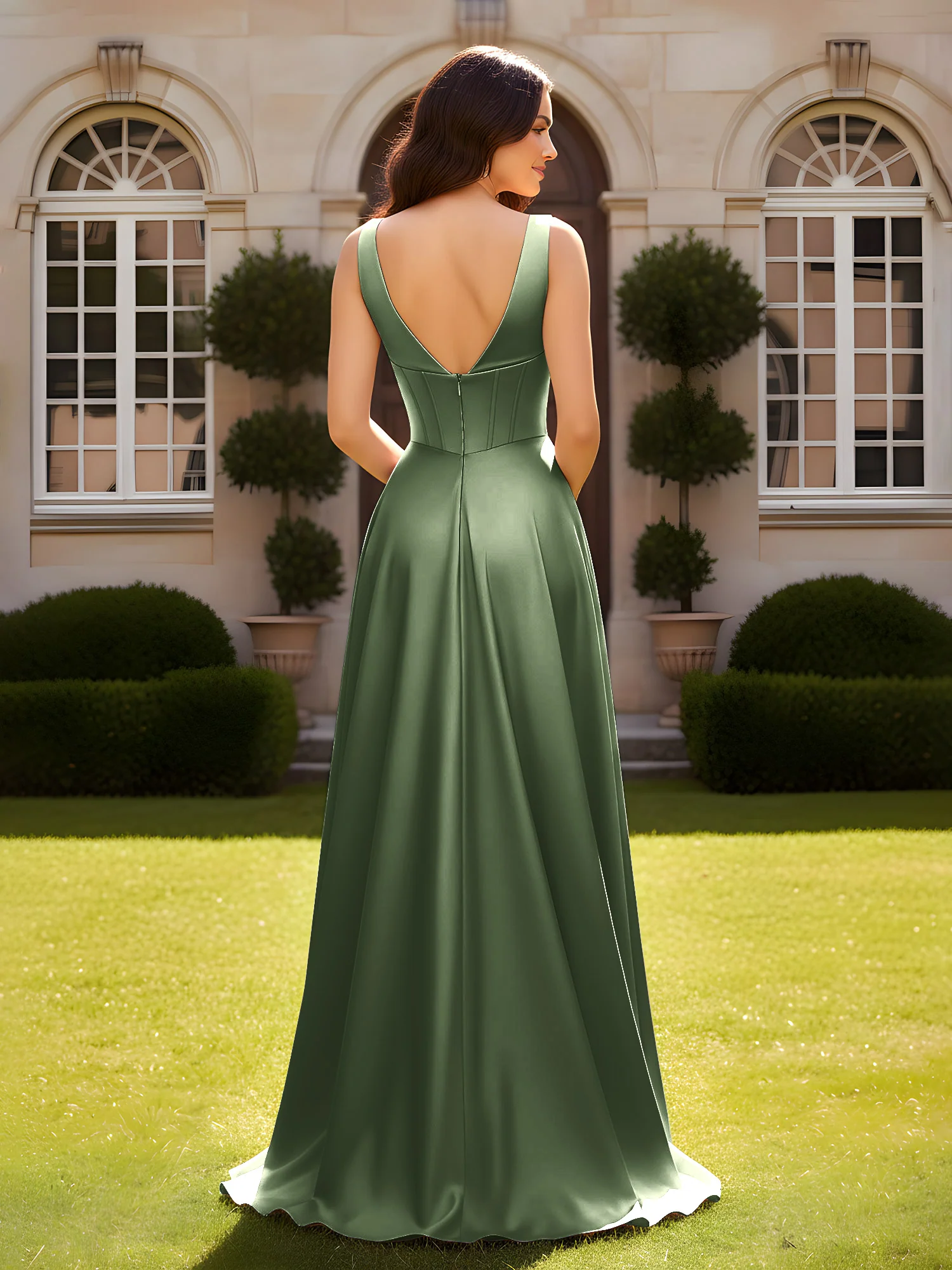 Sleeveless A-Line Evening Dress with Low V-Back Olive Green - Image 2
