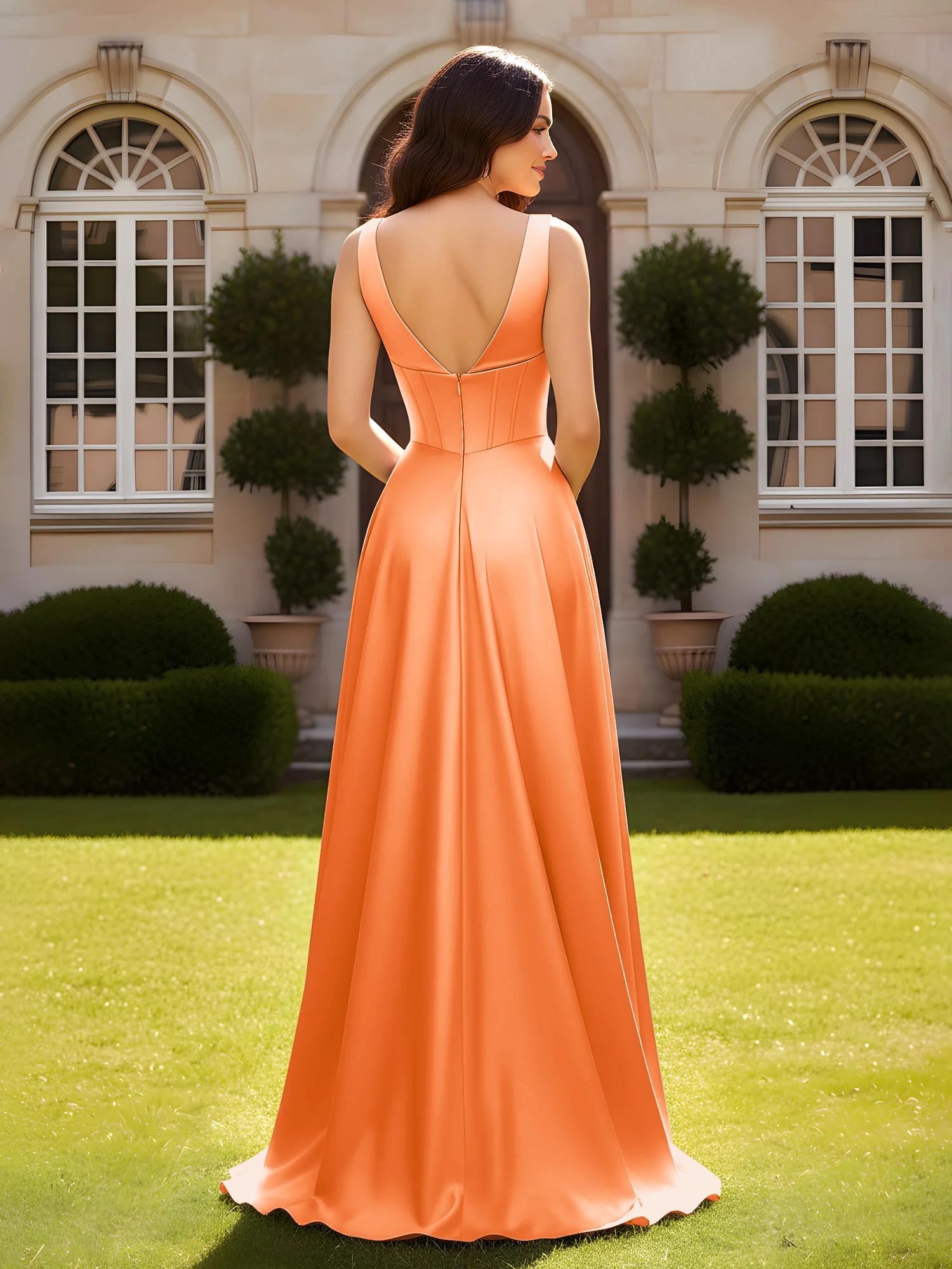 Sleeveless A-Line Evening Dress with Low V-Back Orange - Image 2