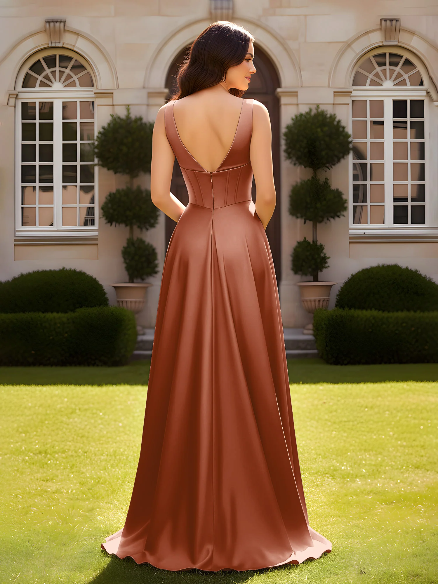 Sleeveless A-Line Evening Dress with Low V-Back Terracotta - Image 2