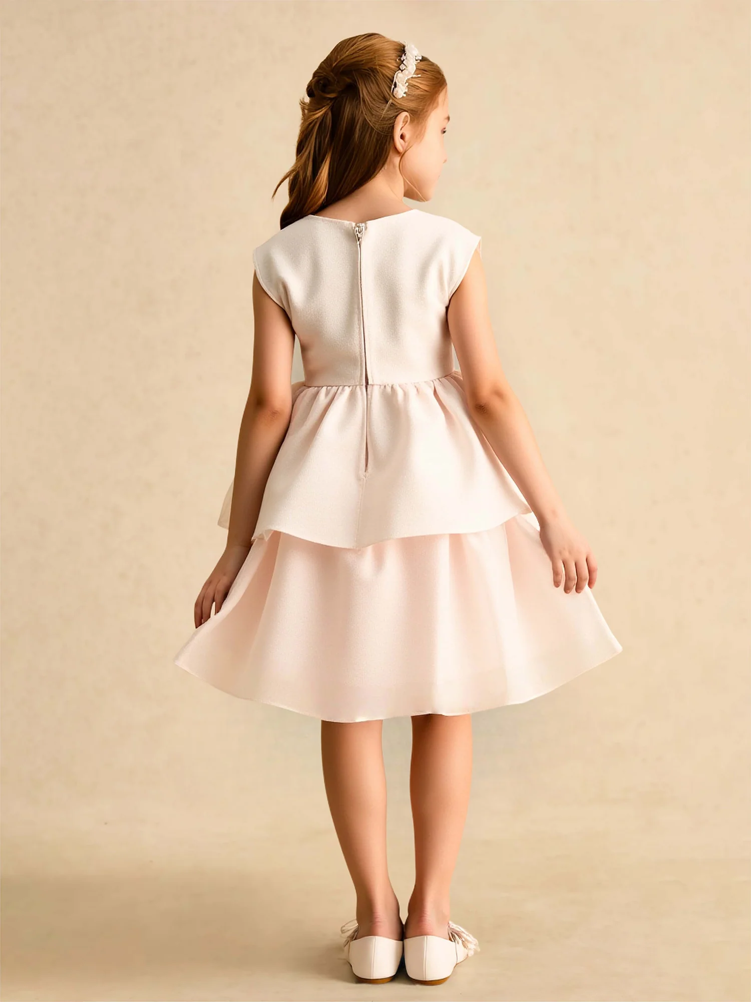 Scoop A-Line Double Tiered Flower Girl Dress With Bow Pearl Pink - Image 2