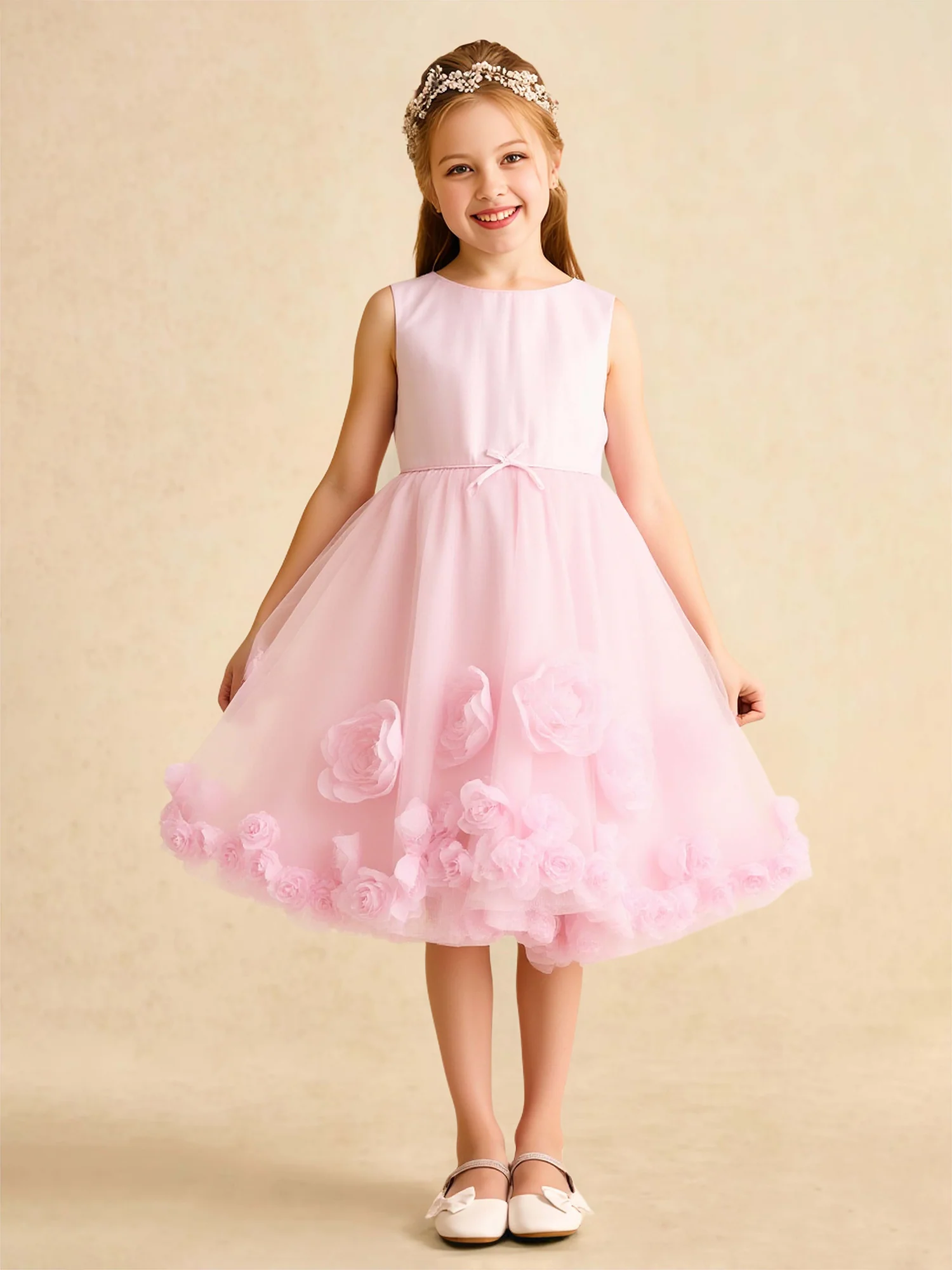 Scoop Neck 3D Flower A-Line Tulle Flower Girl Dress Blushing Pink