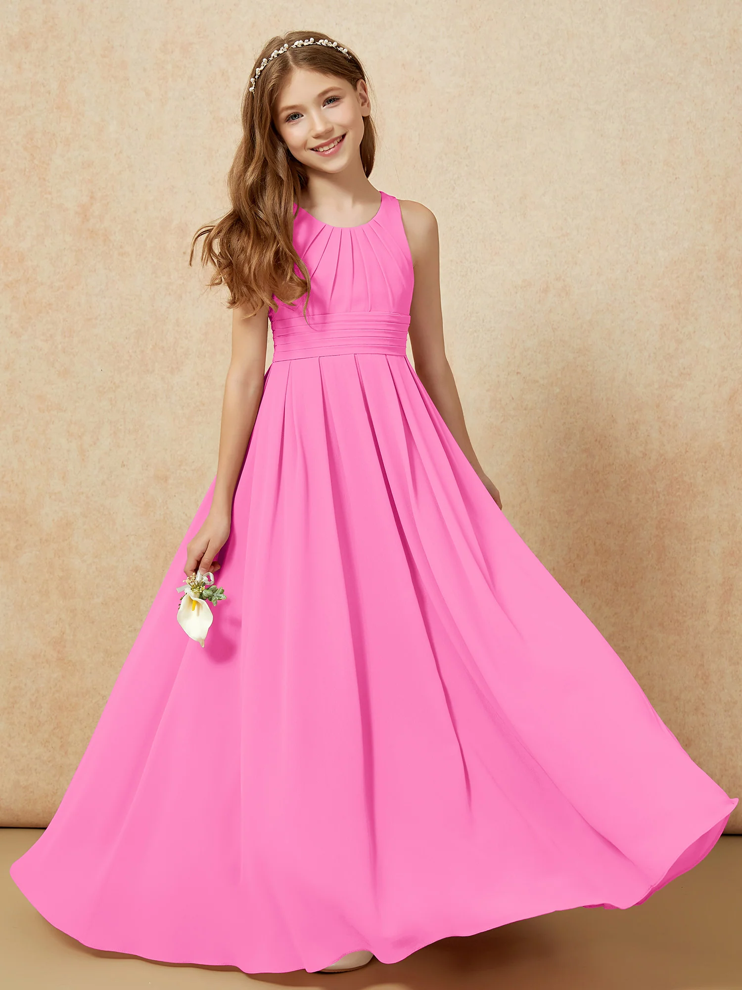 Scoop Neck Pleated Long Junior Bridesmaid Dresses Azalea